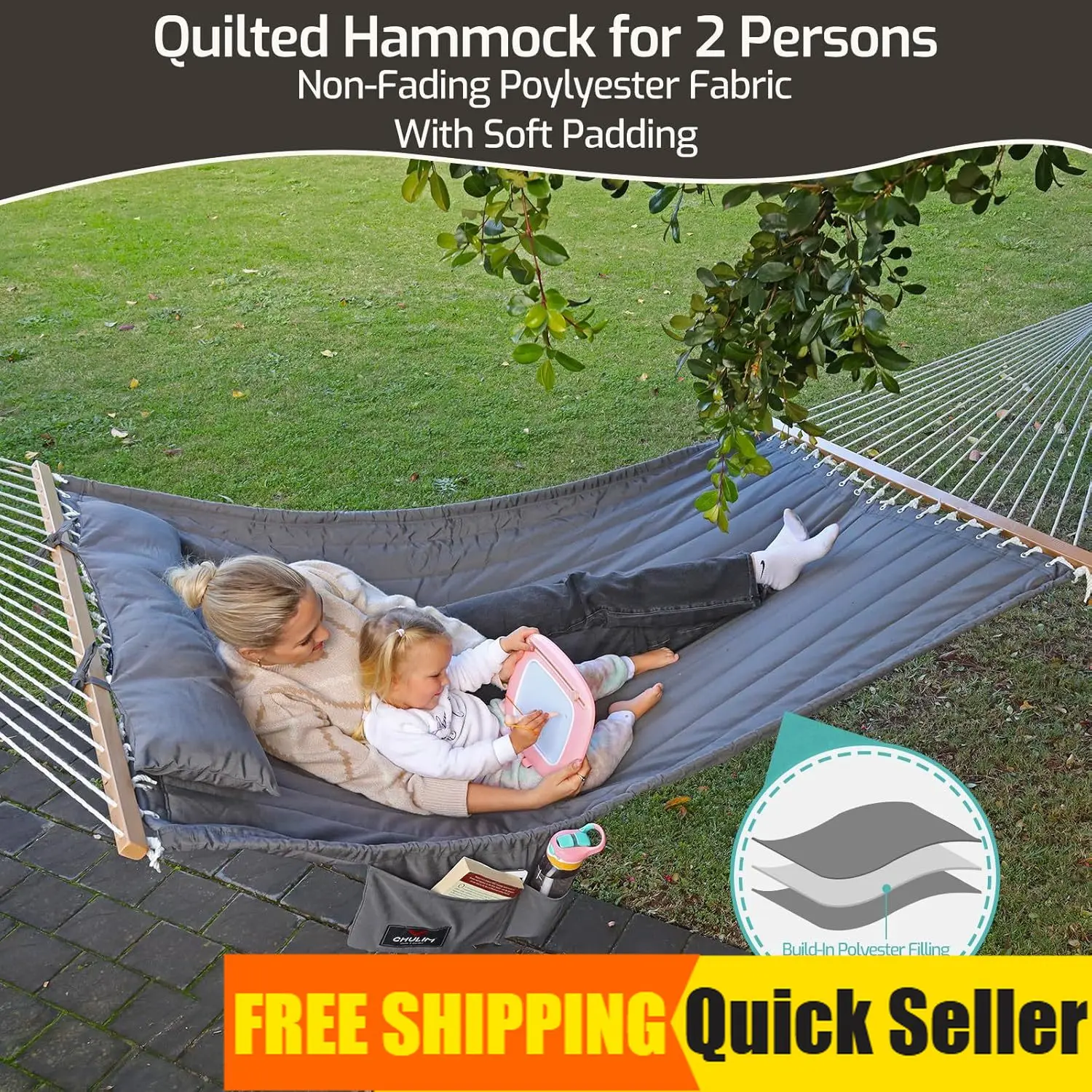 Double Quilted Fabric Hammock with Hardwood Spreader Bars and Pillow 450 LBS Capacity 2 Person Large Hammock for Outdoor Patio B
Double Quilted Fabric Hammock with Hardwood Spreader Bars and Pillow 450 LBS Capacity 2 Person Large Hammock for Outdoor Patio B