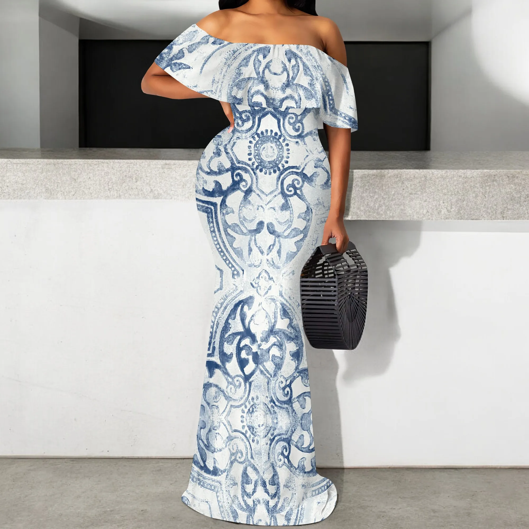 Off-Shoulder Women's Maxi Dress S-3XL, Blue & White Floral Damask Print with Ruffle Detail
Off-Shoulder Women's Maxi Dress S-3XL, Blue & White Floral Damask Print with Ruffle Detail