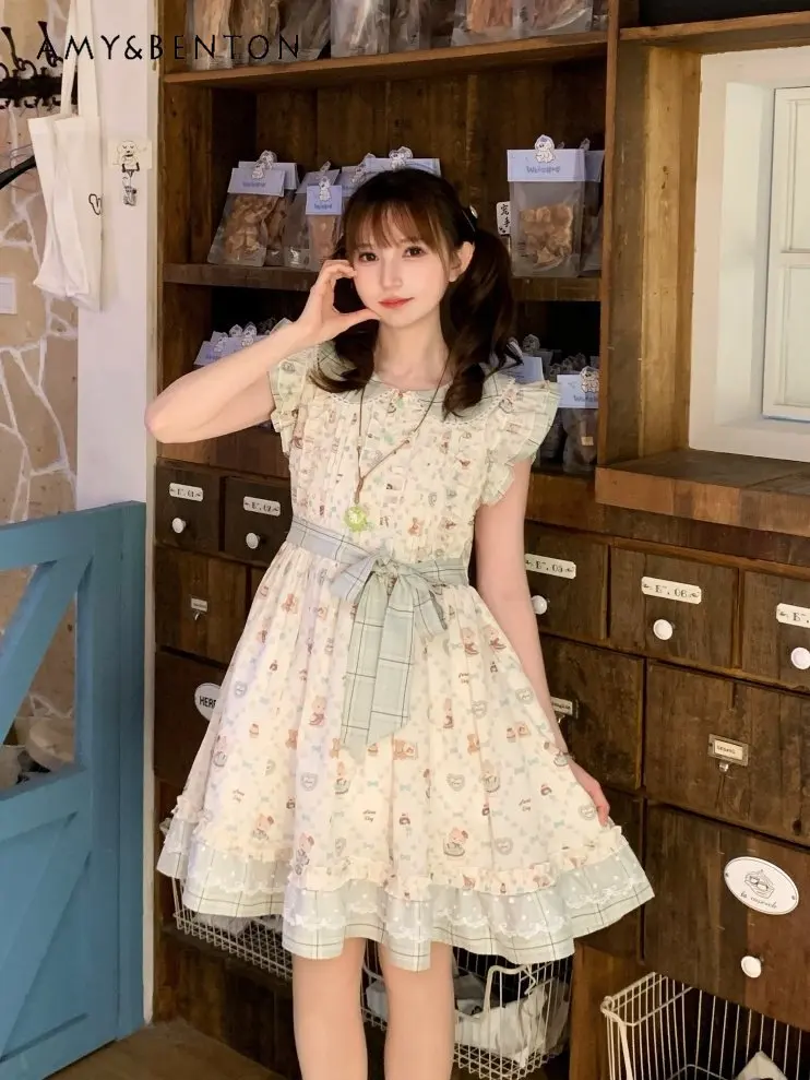 Summer New Women Sweet Cute Cartoon Cat Bow Print Plaid Lace Flutter Sleeve Mid Length Lolita Dress Fashion Sweet Daily Dress
Summer New Women Sweet Cute Cartoon Cat Bow Print Plaid Lace Flutter Sleeve Mid Length Lolita Dress Fashion Sweet Daily Dress