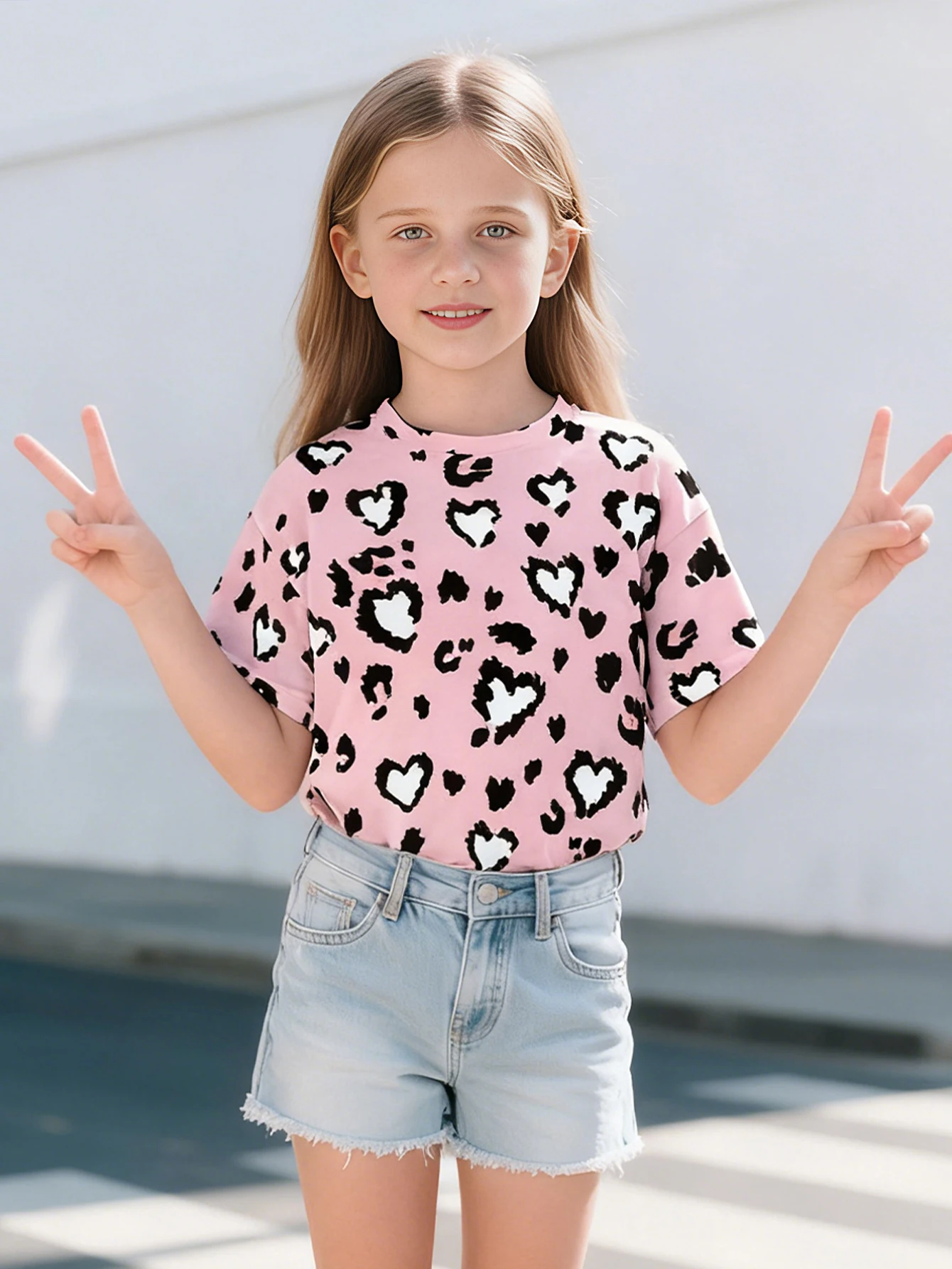 2026 Girls' leopard print love print short-sleeved T-shirt, children's casual fashion crew neck top summer wear
2026 Girls' leopard print love print short-sleeved T-shirt, children's casual fashion crew neck top summer wear
