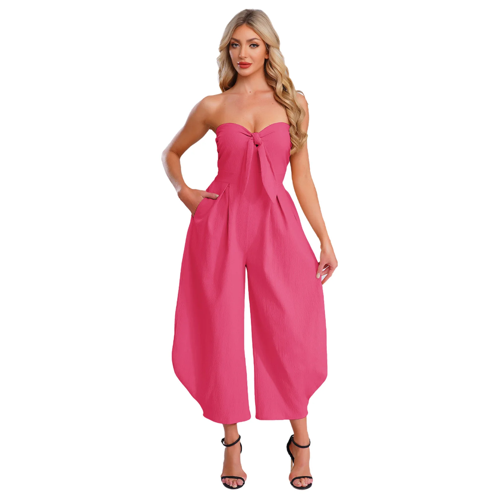 Womens Dressy Jumpsuit Front Tying Knot Strapless Back Elastic Ruched High Waist Loose Harm Pants One-piece Rompers
Womens Dressy Jumpsuit Front Tying Knot Strapless Back Elastic Ruched High Waist Loose Harm Pants One-piece Rompers