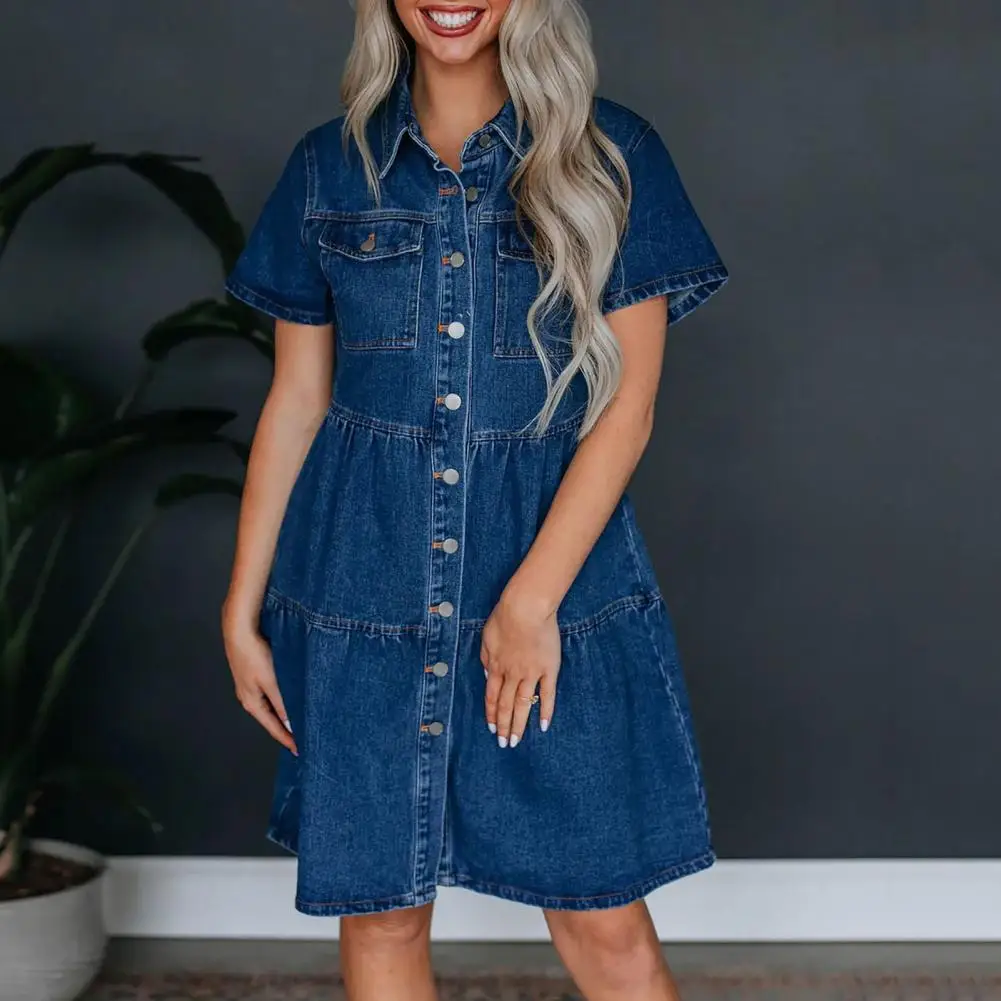 Summer Dress Stylish A-line Denim Dress with Chest Pockets Turn-down Collar Midi Dress for Women Summer Fashion for Commuting
Summer Dress Stylish A-line Denim Dress with Chest Pockets Turn-down Collar Midi Dress for Women Summer Fashion for Commuting