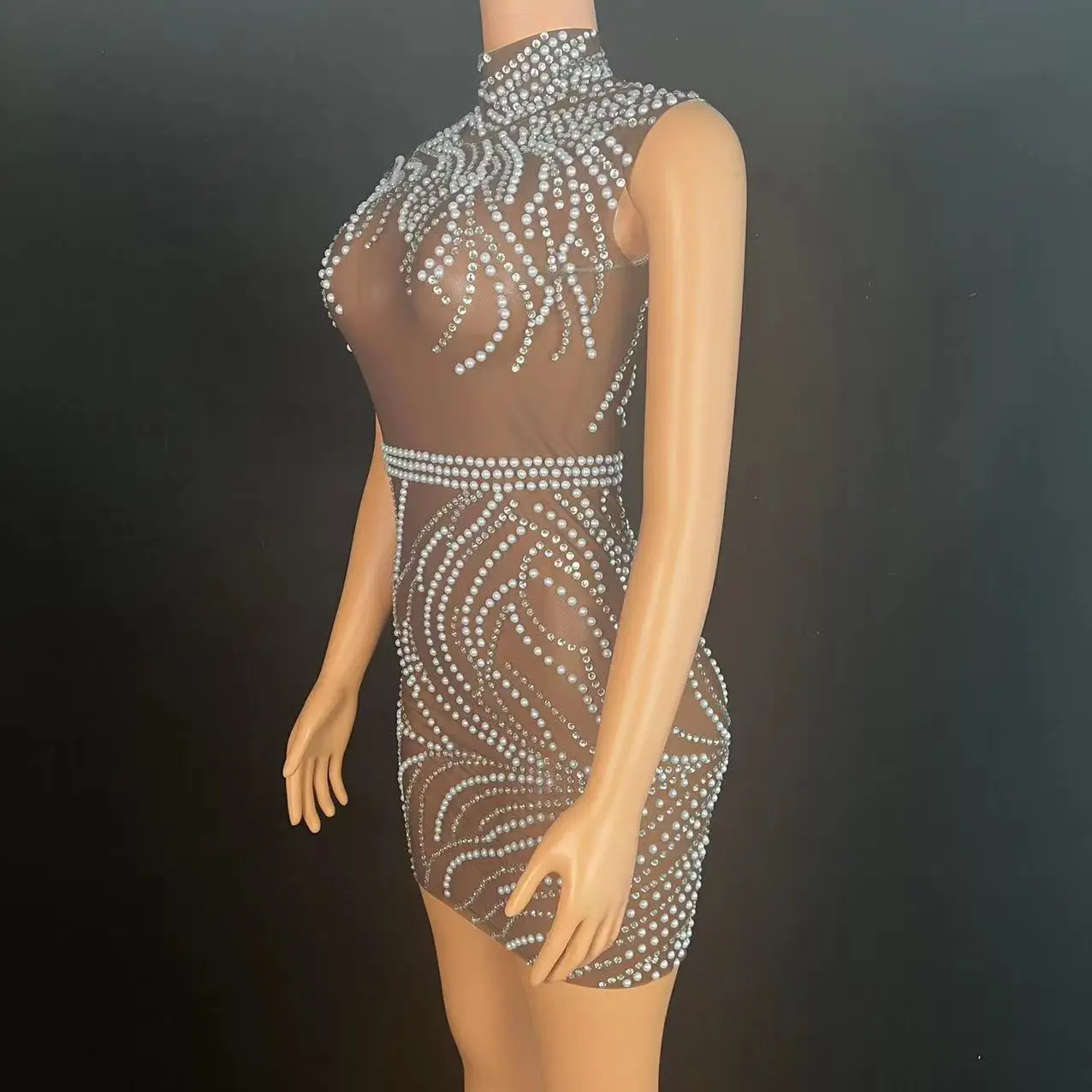 Sexy Nightclub Mesh Perspective Long sleeve Rhinestones Pearl Dress Birthday Party Celebrate Bodycon Short Dresses Stage Costume
Sexy Nightclub Mesh Perspective Long sleeve Rhinestones Pearl Dress Birthday Party Celebrate Bodycon Short Dresses Stage Costume