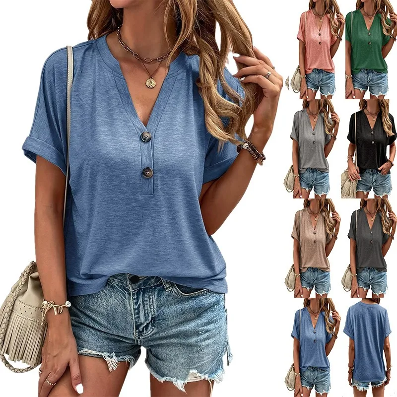 New Spring and Summer Women's V-neck Solid-color Button-down Fashionable Short-sleeved Casual T-shirt
New Spring and Summer Women's V-neck Solid-color Button-down Fashionable Short-sleeved Casual T-shirt
