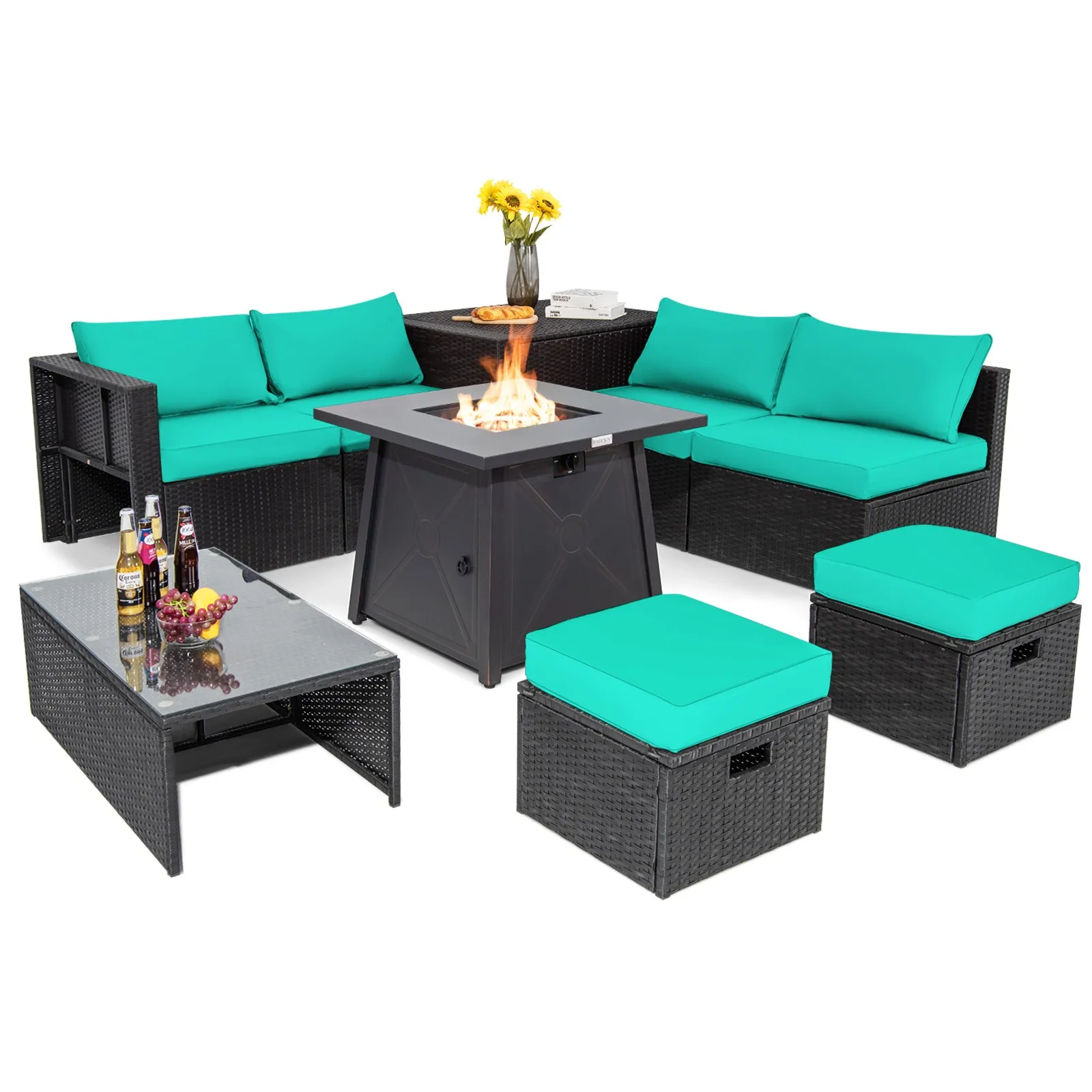 9PCS Patio Rattan Furniture Set Fire Pit Space-saving W/Cover Turquoise Cushion
9PCS Patio Rattan Furniture Set Fire Pit Space-saving W/Cover Turquoise Cushion