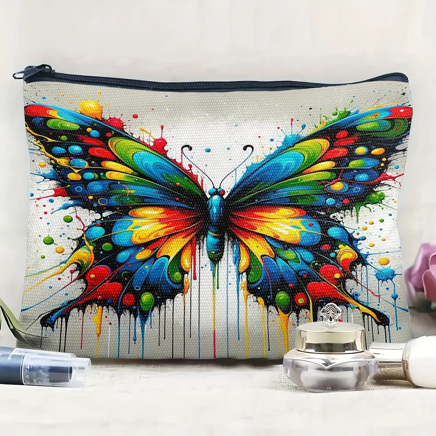 Inkjet butterfly pattern zipper cosmetic bag, lightweight lining design odor-free storage bag
Inkjet butterfly pattern zipper cosmetic bag, lightweight lining design odor-free storage bag