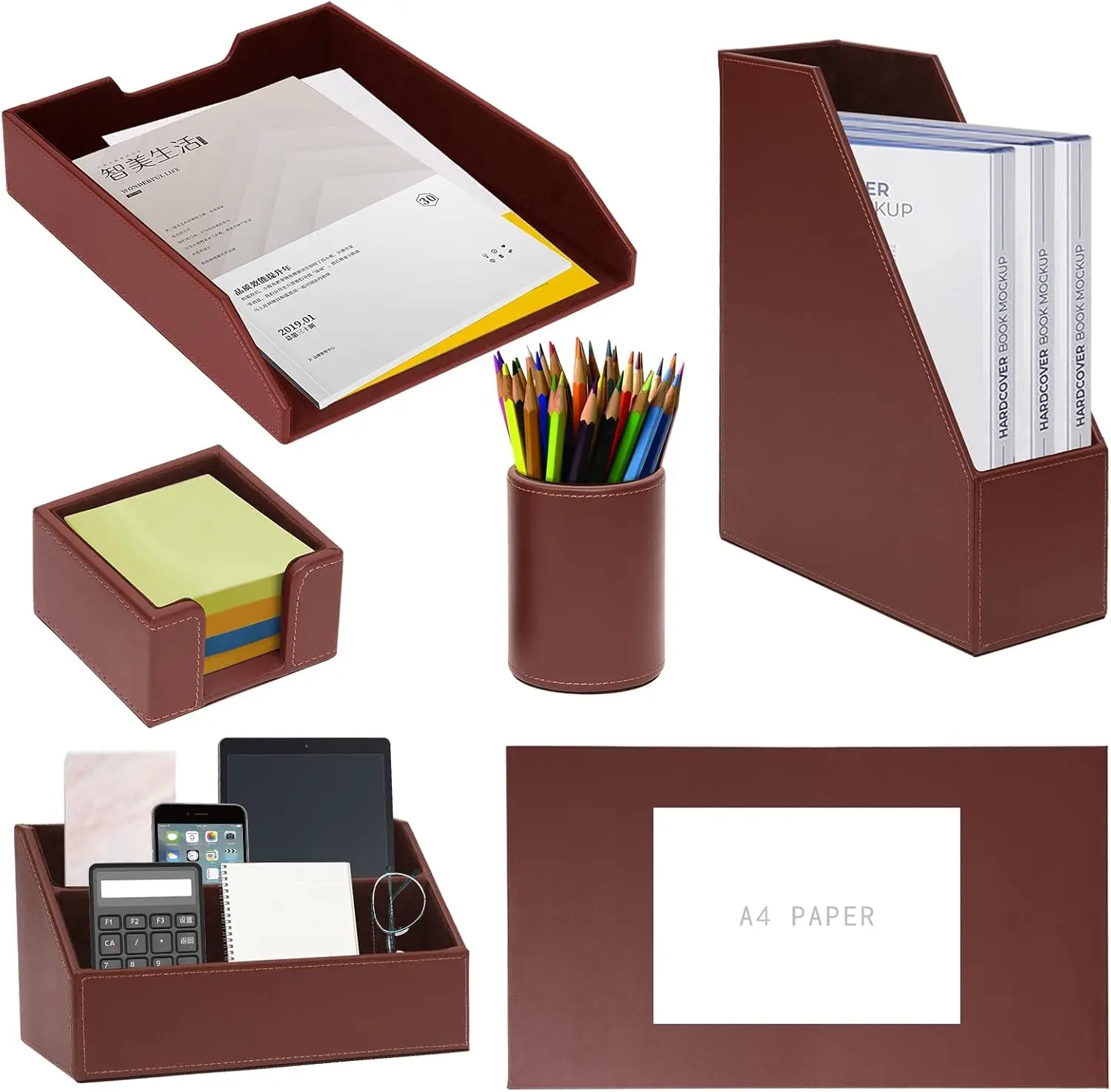 Brown PU Leather Desk Organizer Set with Writing Pad, Letter Tray, File Sorter, Pen Cup, Note & Card Holder for Office Supplies
Brown PU Leather Desk Organizer Set with Writing Pad, Letter Tray, File Sorter, Pen Cup, Note & Card Holder for Office Supplies