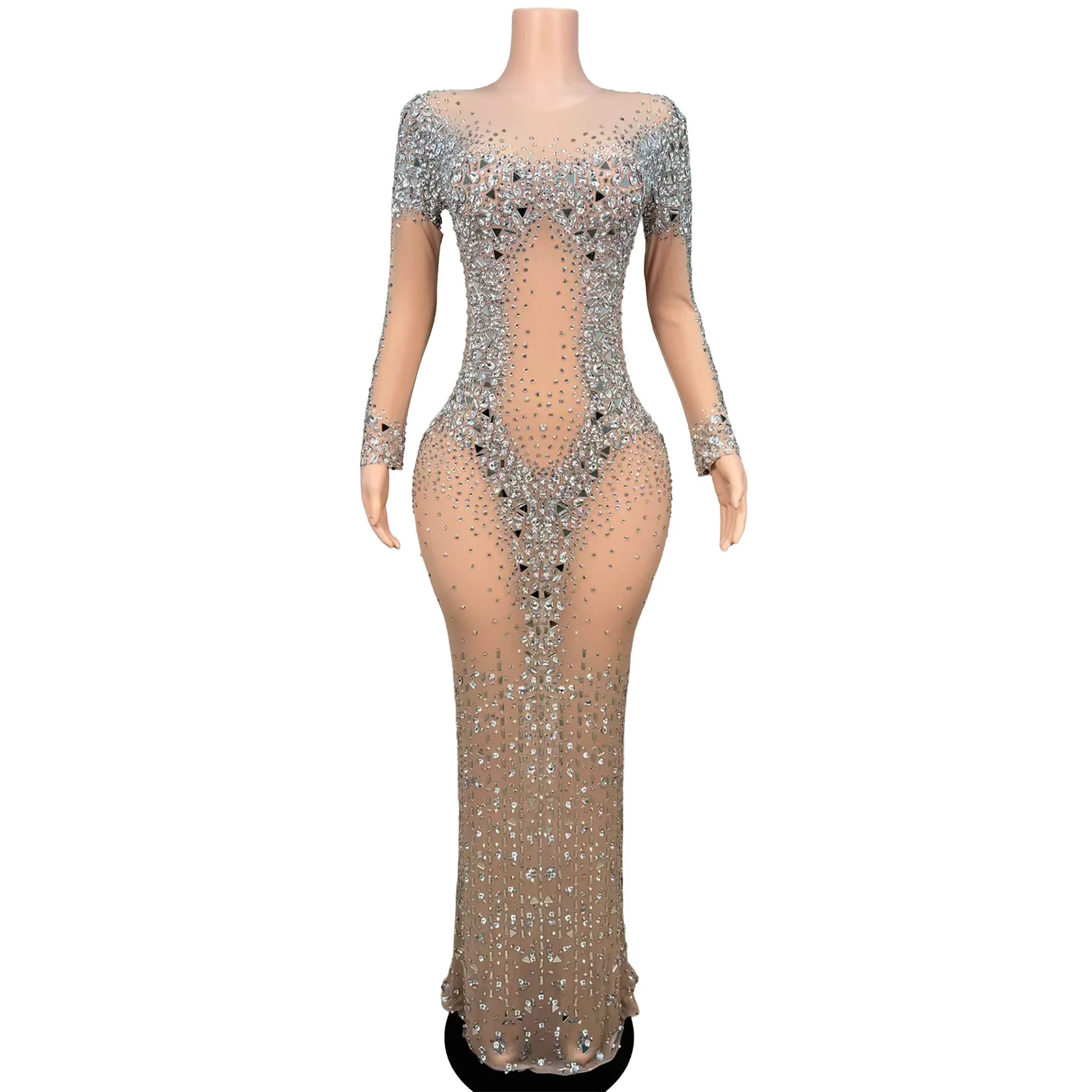 Ronghua Elegant Nude Mesh Silver Rhinestone Bodycon Long Dress Round Neck Long Sleeve Center Hollow Torso Gala Party Outfit
Ronghua Elegant Nude Mesh Silver Rhinestone Bodycon Long Dress Round Neck Long Sleeve Center Hollow Torso Gala Party Outfit