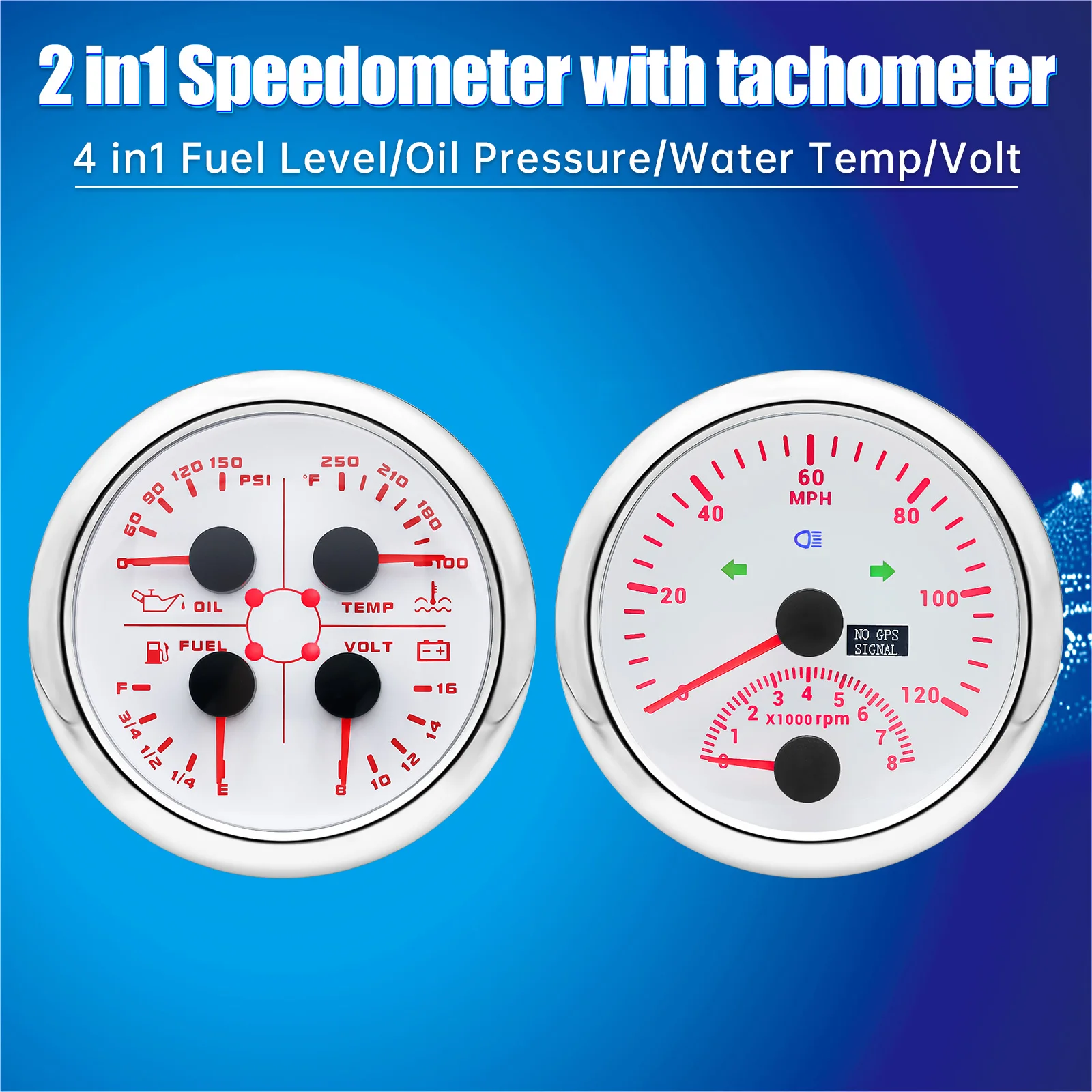 85mm GPS Speedometer with Tachometer and 85mm 4 in 1 Gauge Fuel Level Water Volt Gauge Set For Marine Boat Car Truck 12V 24V
85mm GPS Speedometer with Tachometer and 85mm 4 in 1 Gauge Fuel Level Water Volt Gauge Set For Marine Boat Car Truck 12V 24V
