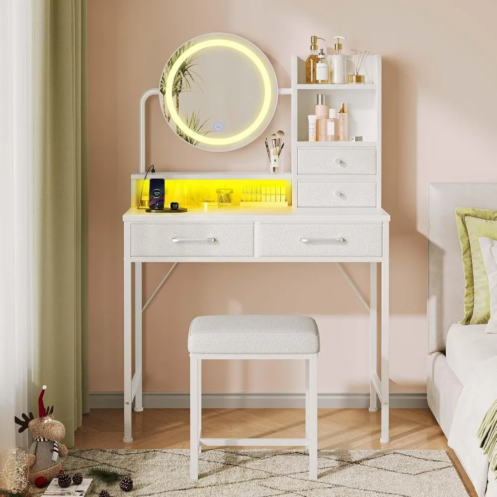 Vanity Desk with Lighted Mirror & LED Lights, Makeup Table with Power Outlet & 4 Storage Drawers, Makeups Vanities
Vanity Desk with Lighted Mirror & LED Lights, Makeup Table with Power Outlet & 4 Storage Drawers, Makeups Vanities