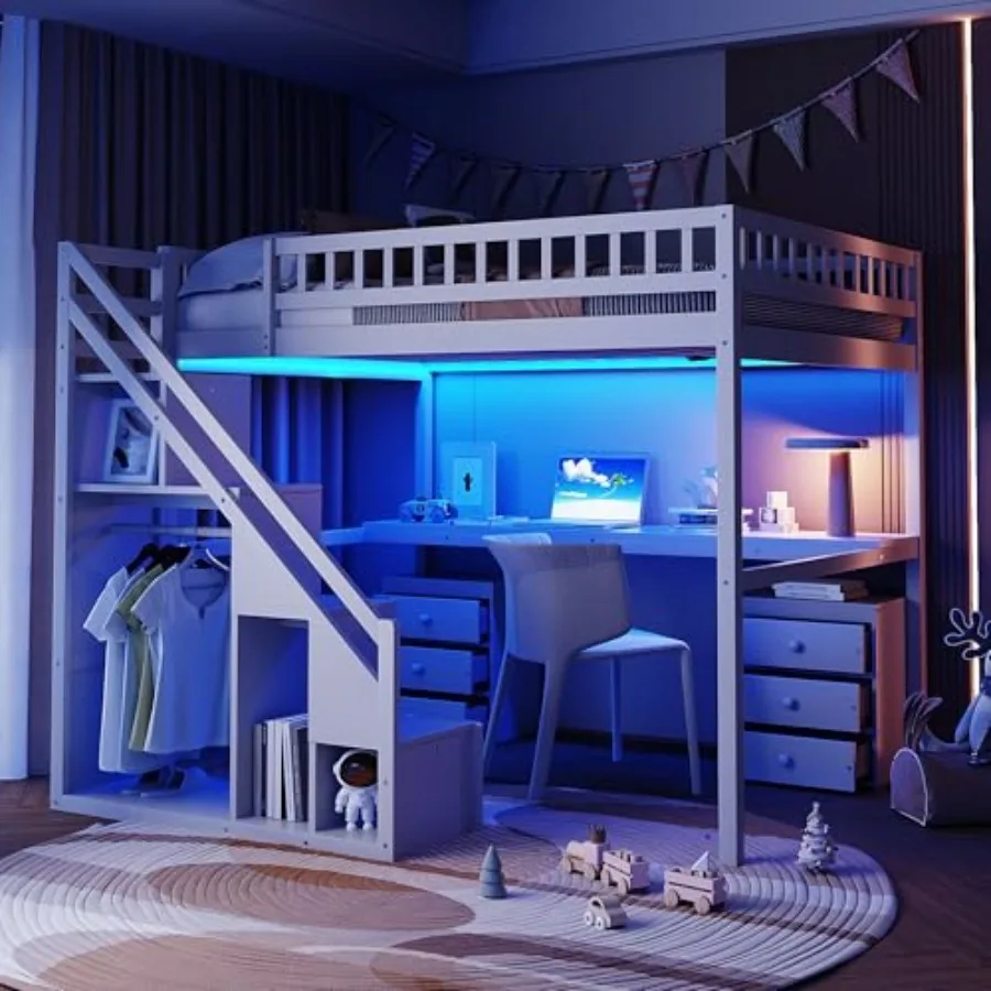with Stairs and Shelves, Wood Loft Bed with Two Chest of Drawers, Wardrobe, LED for,Teens, Adults
with Stairs and Shelves, Wood Loft Bed with Two Chest of Drawers, Wardrobe, LED for,Teens, Adults