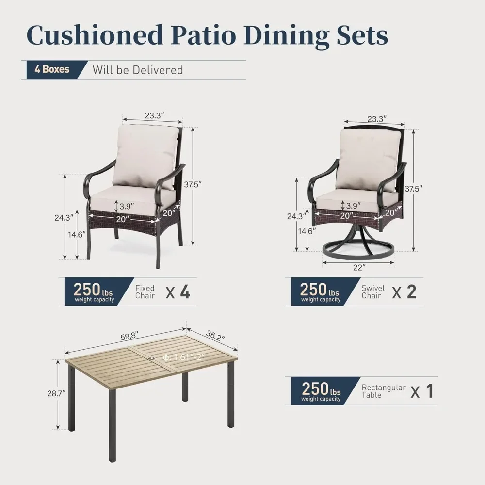 7 Piece Patio Dining Sets for 6, Outdoor Table and Chairs with Cushioned Wicker Swivel & Leg Patio Dining Chairs & Wood-Like
7 Piece Patio Dining Sets for 6, Outdoor Table and Chairs with Cushioned Wicker Swivel & Leg Patio Dining Chairs & Wood-Like