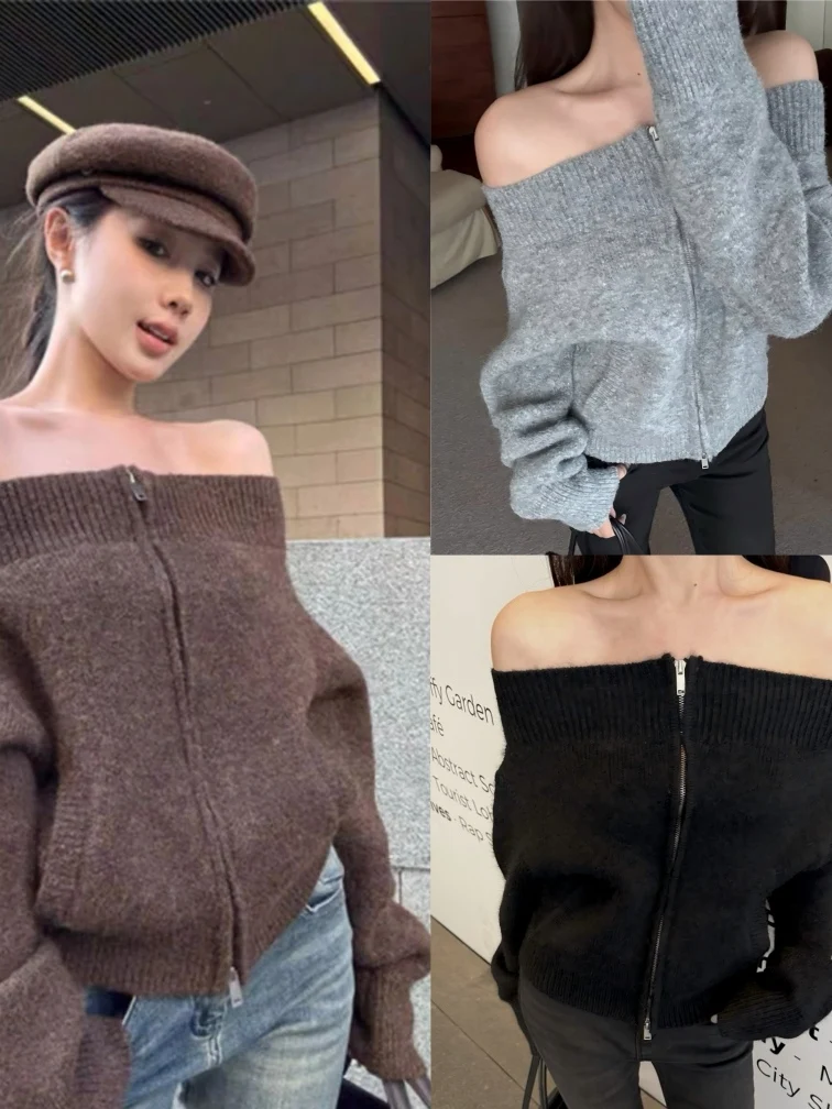 Кардиган с двойной молнией, женская свободная вязаная кофта с длинными рукавами и одним открытым плечом, модный дизайн, осень-зима
Кардиган с двойной молнией, женская свободная вязаная кофта с длинными рукавами и одним открытым плечом, модный дизайн, осень-зима