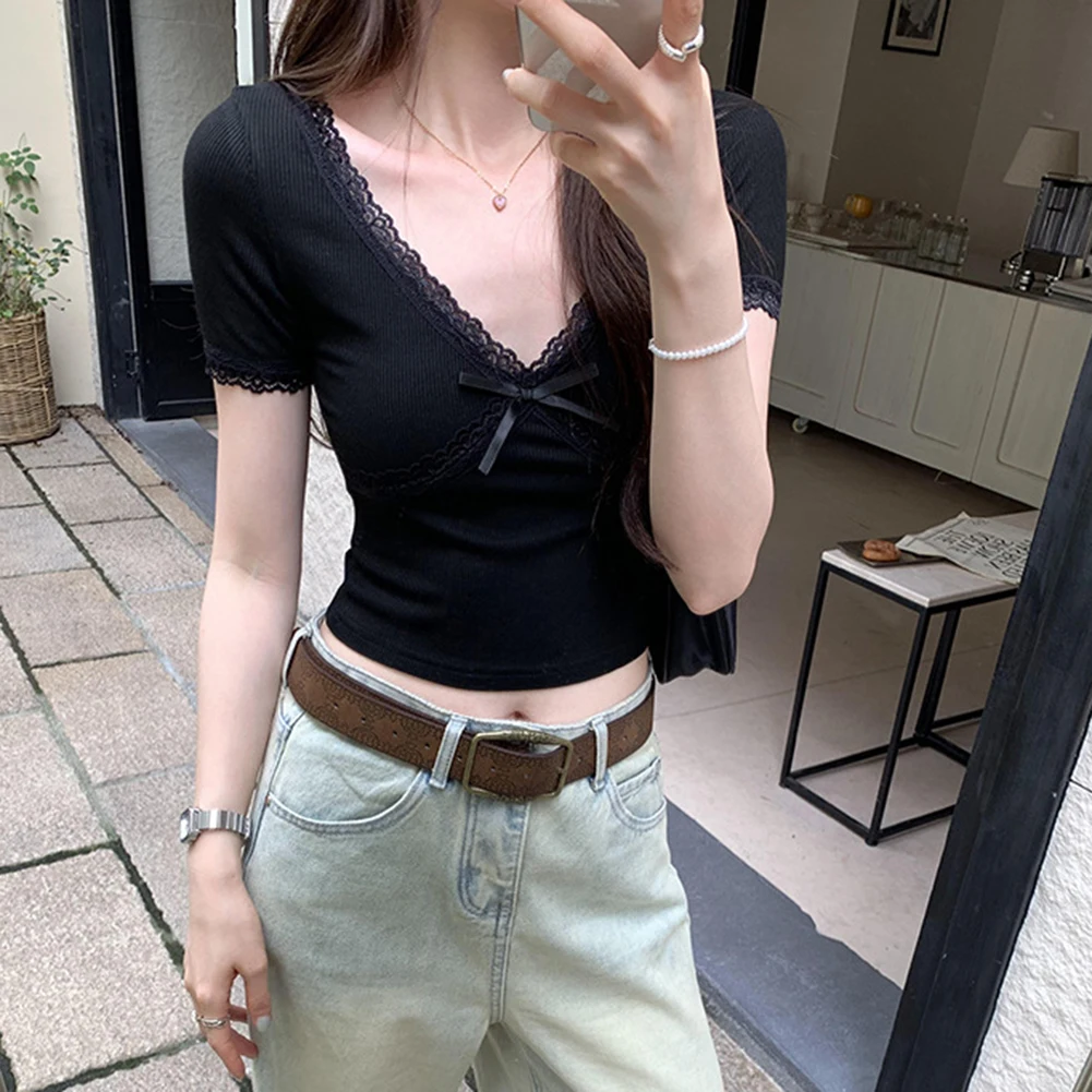 Bow Tie Top Lace V-neck T-shirt Daily Outfit Casual Fashion Lace Detail Fashion Short Sleeve Style All Seasons Wear
Bow Tie Top Lace V-neck T-shirt Daily Outfit Casual Fashion Lace Detail Fashion Short Sleeve Style All Seasons Wear