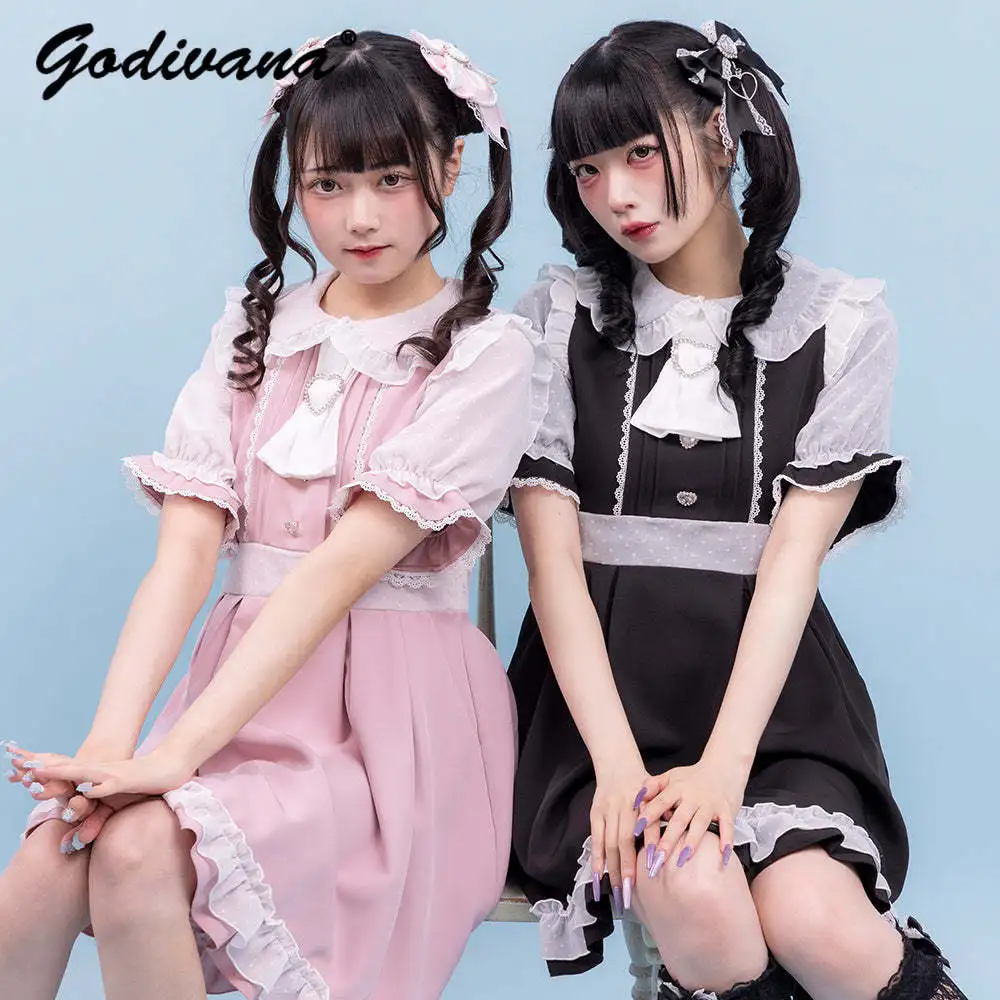 Japanese College Style Dress Women Girls Sweet Cute Bow Tie Doll Collar Slimming Summer Short Sleeve Lace Trim Patchwork Dress
Japanese College Style Dress Women Girls Sweet Cute Bow Tie Doll Collar Slimming Summer Short Sleeve Lace Trim Patchwork Dress