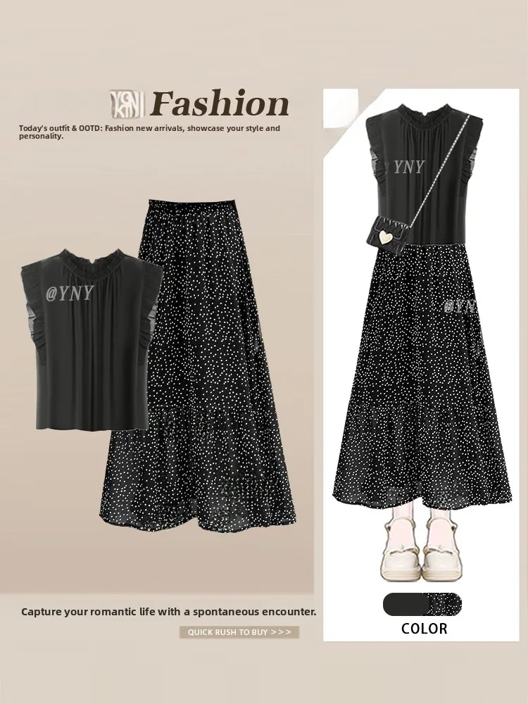 Elegant Black Polka Dot Shirt And Skirt Set with Pleats Sleeveless Mid-Length Half Body Skirt Two-Piece Set for Young Women
Elegant Black Polka Dot Shirt And Skirt Set with Pleats Sleeveless Mid-Length Half Body Skirt Two-Piece Set for Young Women