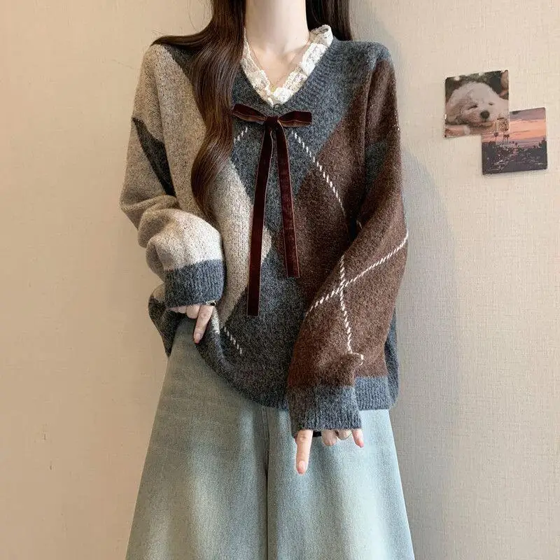 Sweater Knitwear Women's College Style Argyle V Neck Sweater Women Autumn Winter Plus Size Slimming Unique Casual Top Knitwear
Sweater Knitwear Women's College Style Argyle V Neck Sweater Women Autumn Winter Plus Size Slimming Unique Casual Top Knitwear