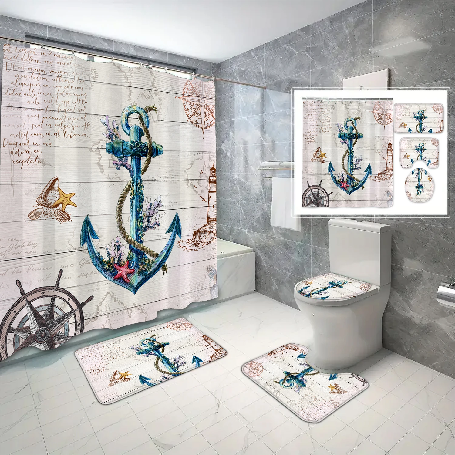 4-piece set of Cartoon blue rudder printed waterproof shower curtains with 12 hooks and bathroom floor mats
4-piece set of Cartoon blue rudder printed waterproof shower curtains with 12 hooks and bathroom floor mats