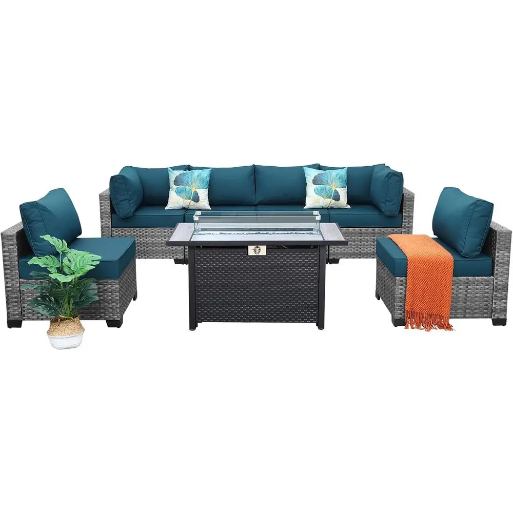 7-Piece Outdoor Wicker Patio Sectional Sofa Set with Fire Pit Table, Peacock Blue Cushions & Cover
7-Piece Outdoor Wicker Patio Sectional Sofa Set with Fire Pit Table, Peacock Blue Cushions & Cover
