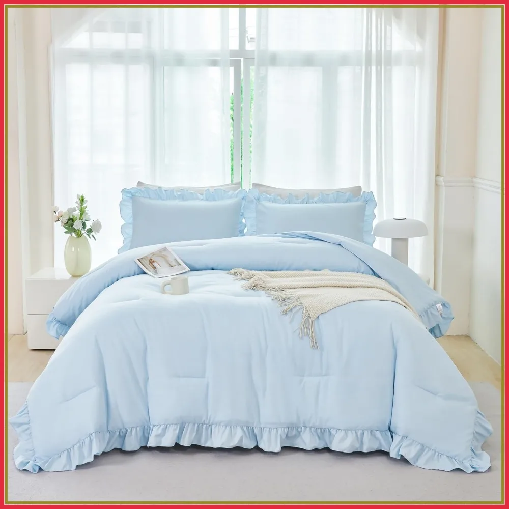 5Pcs Queen Size Comforter Sets Light Blue Ruffle Bedding Vintage Farmhouse Boho Bed in A Bag
5Pcs Queen Size Comforter Sets Light Blue Ruffle Bedding Vintage Farmhouse Boho Bed in A Bag