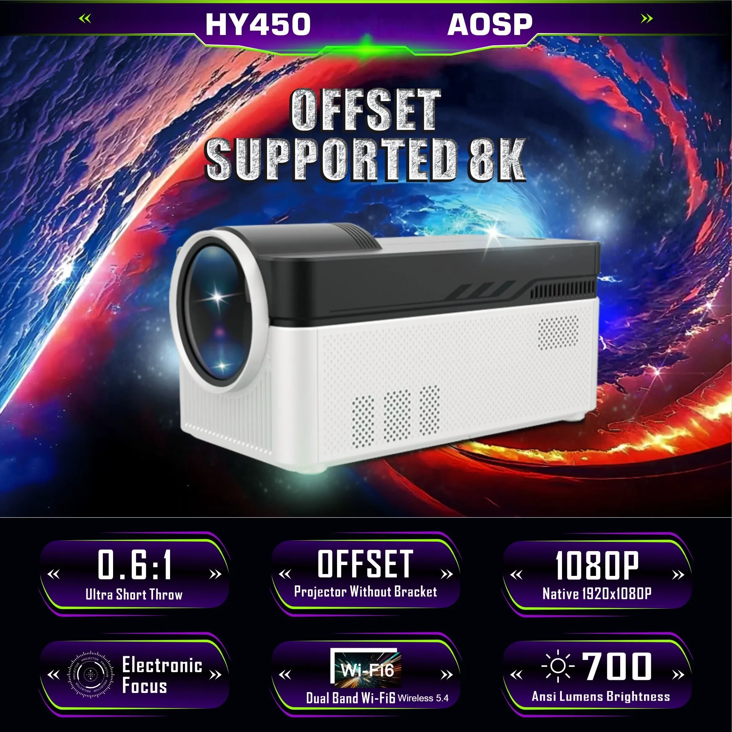 HY450 Portable Smart Projector 700 Lumen Voice Control Dual WIFI6 BT5.4 8K Image Off-axis Keystone Correction Motorized Focus
HY450 Portable Smart Projector 700 Lumen Voice Control Dual WIFI6 BT5.4 8K Image Off-axis Keystone Correction Motorized Focus