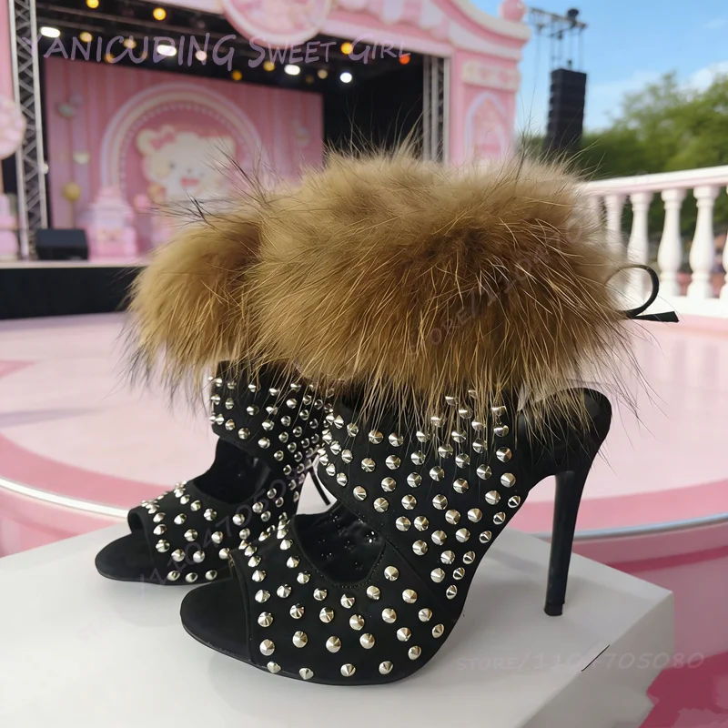 Brown Soft Plush Fringe Ankle Boots Wrapped Black Heels Women Silver Studded Peep Toe Girl Stiletto Sandals Ruffle Buckle Shoes
Brown Soft Plush Fringe Ankle Boots Wrapped Black Heels Women Silver Studded Peep Toe Girl Stiletto Sandals Ruffle Buckle Shoes