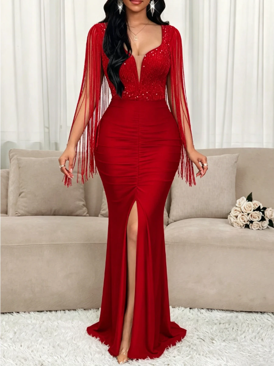 Women's Sequin Tassel Detail Ruched High Slit Evening Party Dress
Women's Sequin Tassel Detail Ruched High Slit Evening Party Dress