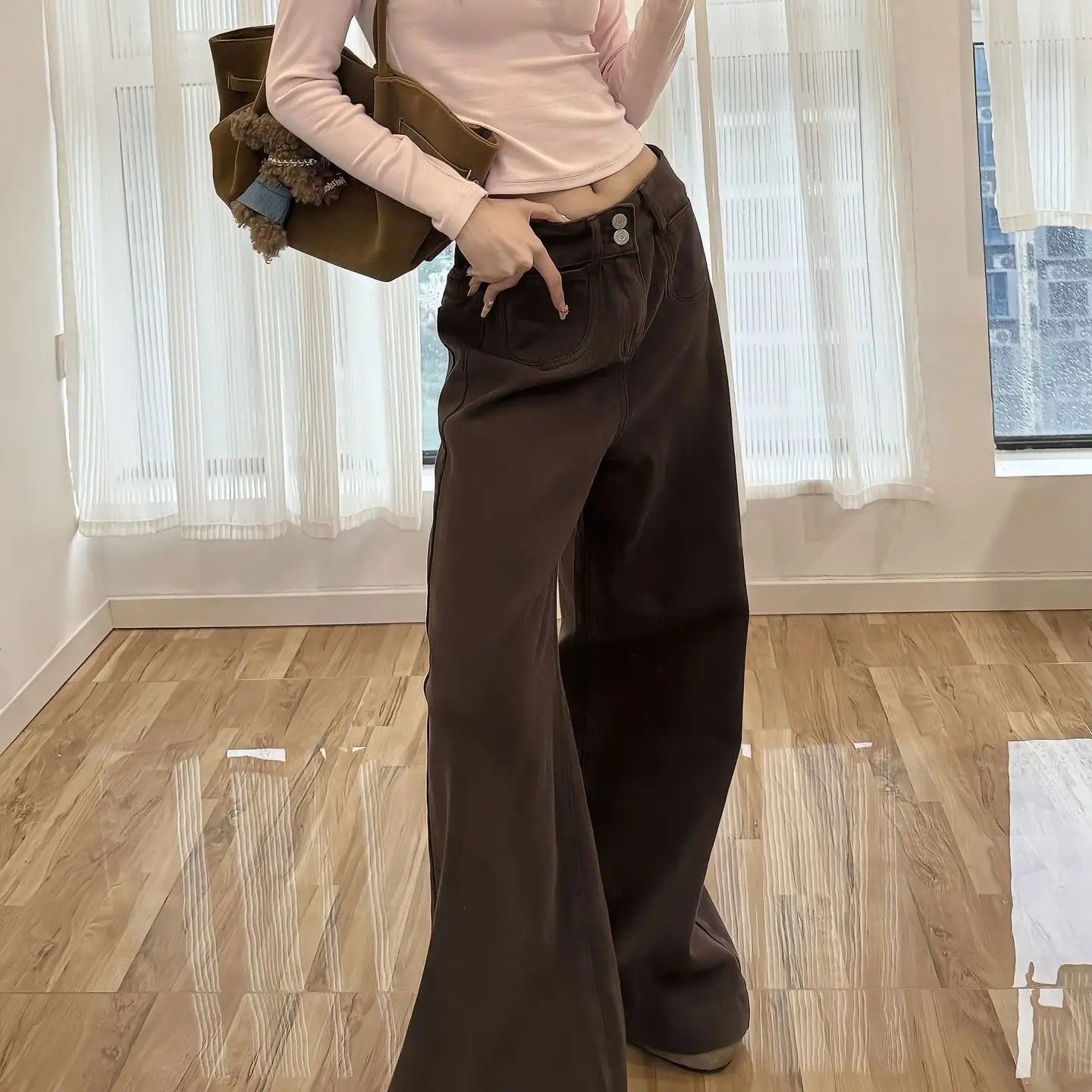 Y2K Womens Coffee Brown High Waisted Jeans Autumn Micro Trumpet Non Stick Leg Loose Slimming Straight Pants
Y2K Womens Coffee Brown High Waisted Jeans Autumn Micro Trumpet Non Stick Leg Loose Slimming Straight Pants