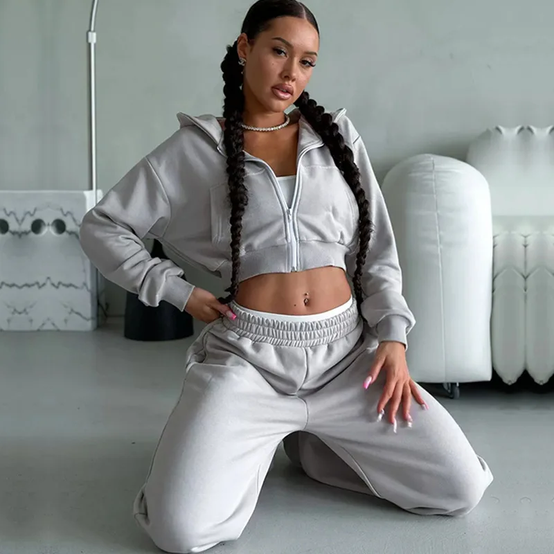 Fashion Hooded Short Sweatshirt Pants Set Solid Long Sleeved Zippers Cardigan jacket Lace-up Sportswear Lady Two Pieces Set
Fashion Hooded Short Sweatshirt Pants Set Solid Long Sleeved Zippers Cardigan jacket Lace-up Sportswear Lady Two Pieces Set