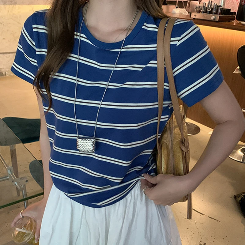 American Retro Blue Striped Short Sleeve Tees for Women 2026 Fashion Clash Color Designed Round Neck Tops Casual Loose Slim Tops
American Retro Blue Striped Short Sleeve Tees for Women 2026 Fashion Clash Color Designed Round Neck Tops Casual Loose Slim Tops
