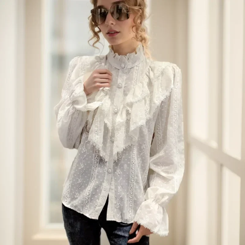 GELITAYIN Korean Ruffle Stitching Lace Blouse Fashion Women Long Sleeve Loose Chiffon Shirt Stand Collar Pleated Tops Elegant Bl
GELITAYIN Korean Ruffle Stitching Lace Blouse Fashion Women Long Sleeve Loose Chiffon Shirt Stand Collar Pleated Tops Elegant Bl