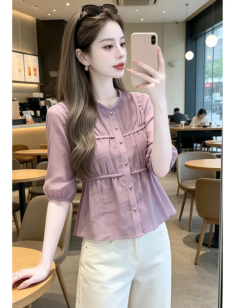 Casual Style Purple Short Sleeve Shirt Women's round Neck Bubble Sleeve Waist Cinching Slimming Shirt Summer New Arrival
Casual Style Purple Short Sleeve Shirt Women's round Neck Bubble Sleeve Waist Cinching Slimming Shirt Summer New Arrival