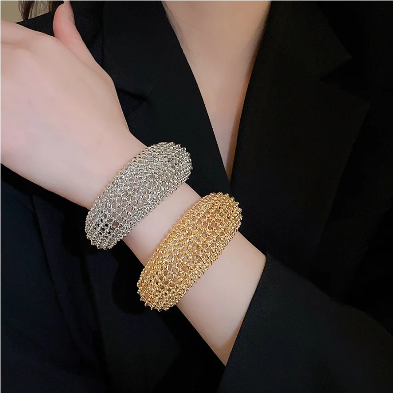 Gold & Silver Mesh Cuff Bracelet, Wide Hollow Out Open Bangle, Statement Mesh Design Jewelry for Women
Gold & Silver Mesh Cuff Bracelet, Wide Hollow Out Open Bangle, Statement Mesh Design Jewelry for Women