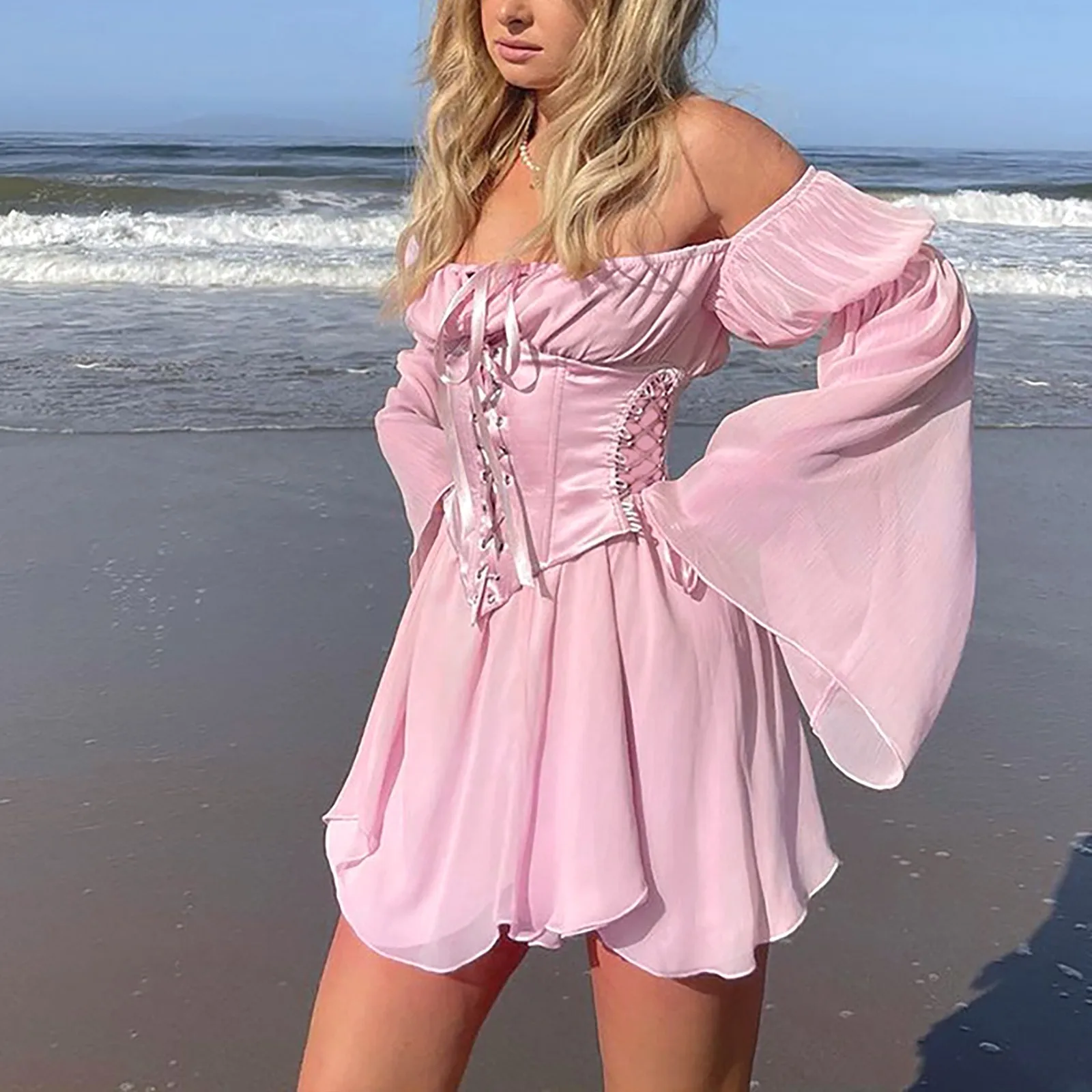 Fairy Pink Chiffon Mini Dress Chic Women Bandage Corset Vintage Long Puff Sleeve Sundress Slash Neck Bridesmaid Bodycon Dress
Fairy Pink Chiffon Mini Dress Chic Women Bandage Corset Vintage Long Puff Sleeve Sundress Slash Neck Bridesmaid Bodycon Dress