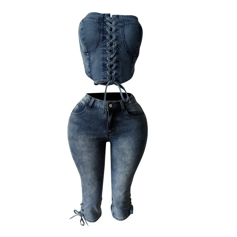 Women Sexy Lace Up High Stretch Denim 2 Piece Set Strapless Backless Tank Crop Tops + Skinny Capris Pants Casual Jeans Suits
Women Sexy Lace Up High Stretch Denim 2 Piece Set Strapless Backless Tank Crop Tops + Skinny Capris Pants Casual Jeans Suits