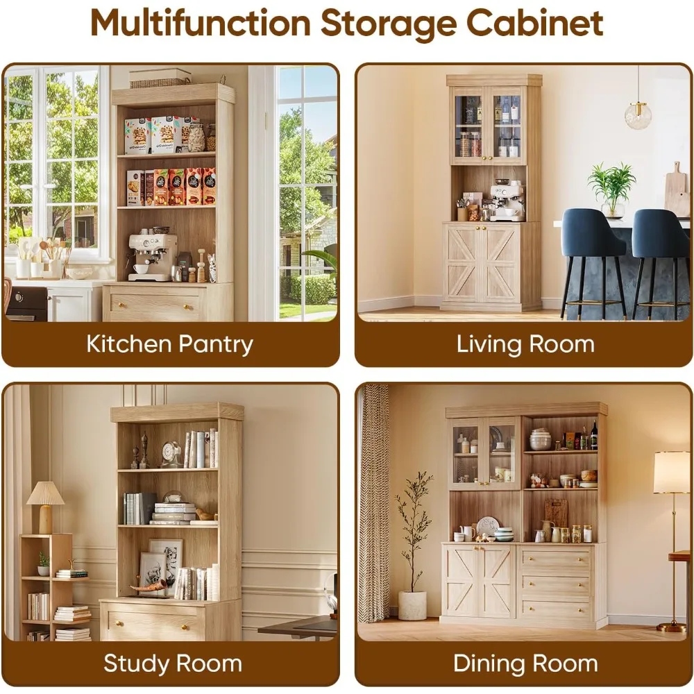 71" Brown Farmhouse Kitchen Pantry Cabinet 3pcs Freestanding Coffee Bar with Glass Doors or Drawers, Microwave, Customized
71" Brown Farmhouse Kitchen Pantry Cabinet 3pcs Freestanding Coffee Bar with Glass Doors or Drawers, Microwave, Customized