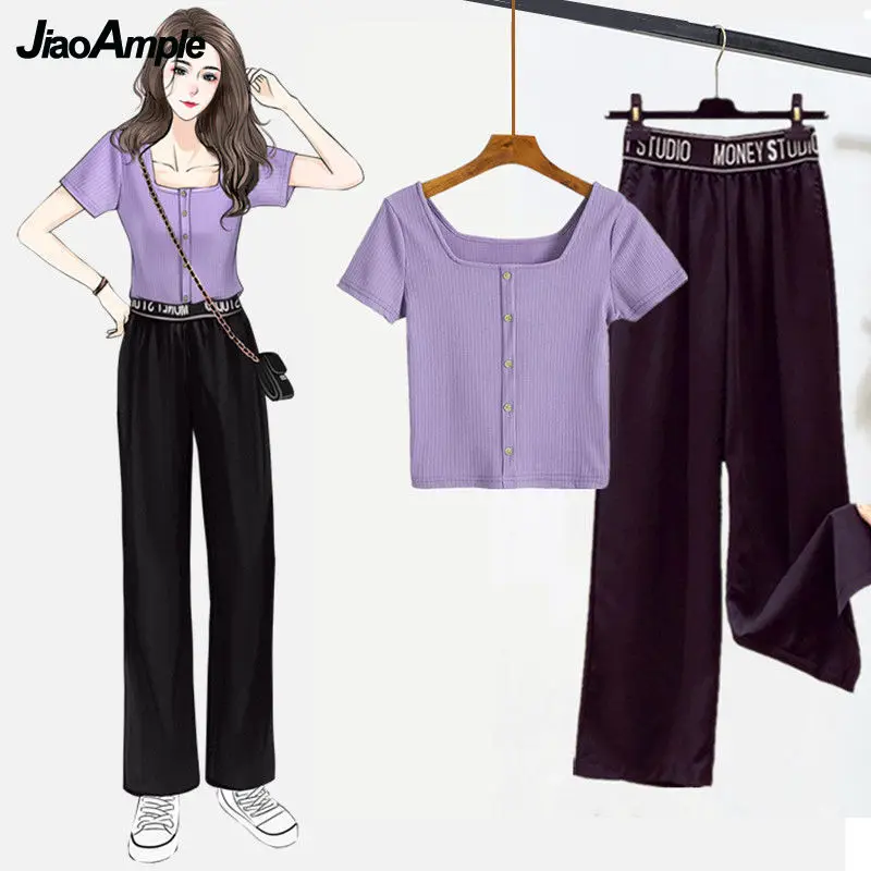 Fashion Suits Women's 2024 Summer New Casual Square Neck T-shirt Nine-point Wide-leg Pants Two-piece Korean Elegant Sportswear
Fashion Suits Women's 2024 Summer New Casual Square Neck T-shirt Nine-point Wide-leg Pants Two-piece Korean Elegant Sportswear