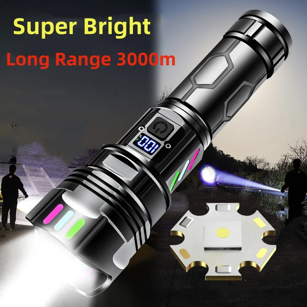 NEW 9000LM Rechargeable LED Flashlights White Laser Lamp Beads 3000m Super Bright Flashlight Powerful Lantern Camping Torch
NEW 9000LM Rechargeable LED Flashlights White Laser Lamp Beads 3000m Super Bright Flashlight Powerful Lantern Camping Torch