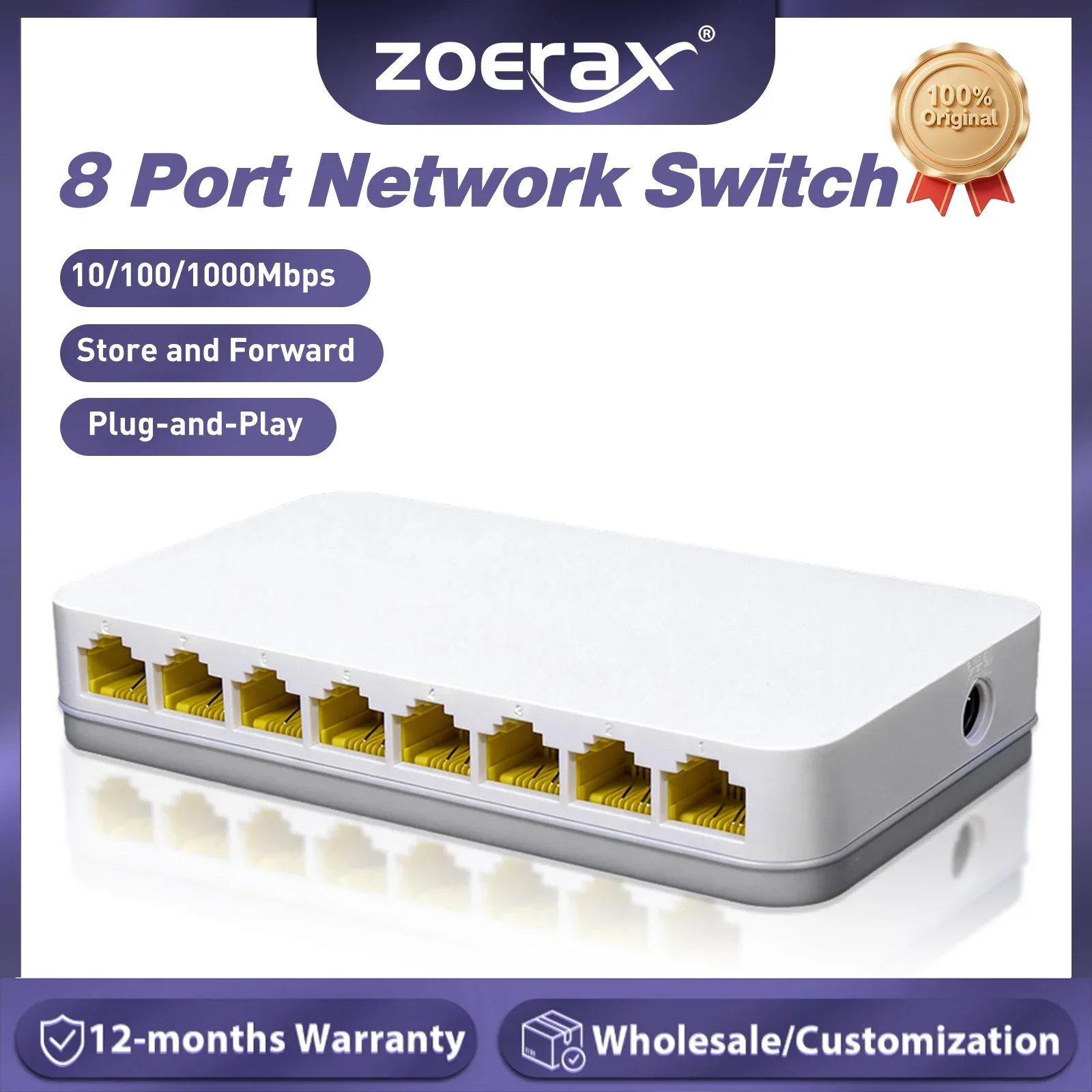 ZoeRax 8 Port Gigabit Ethernet Switch 10/100/1000Mbps Network Splitter Plug and Play Unmanaged Hub for Home Office IP Camera
ZoeRax 8 Port Gigabit Ethernet Switch 10/100/1000Mbps Network Splitter Plug and Play Unmanaged Hub for Home Office IP Camera
