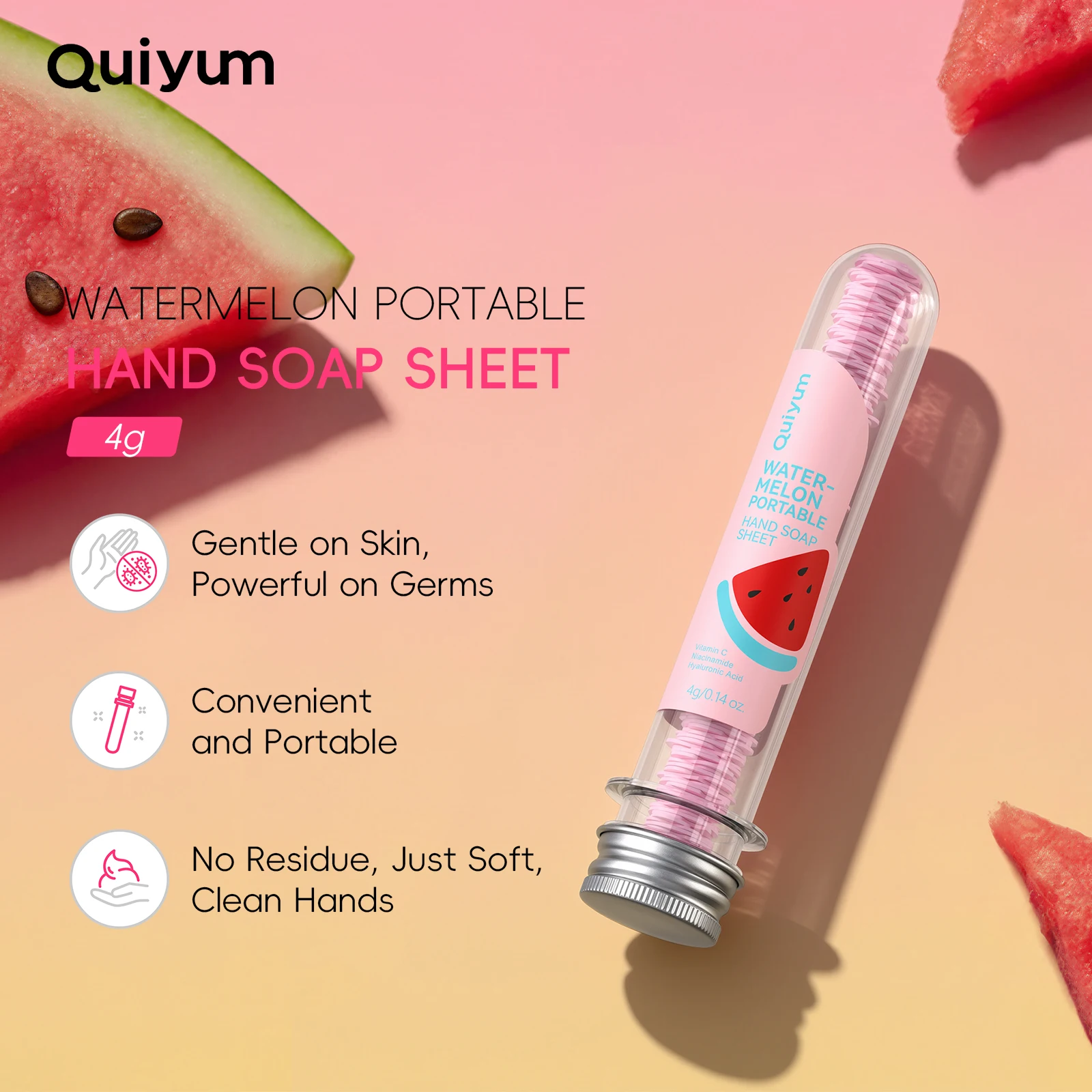 Quiyum Watermelon Portable Hand Soap Sheet 4g Hydrating & Brightening Non-Drying Travel Hand Wash
Quiyum Watermelon Portable Hand Soap Sheet 4g Hydrating & Brightening Non-Drying Travel Hand Wash