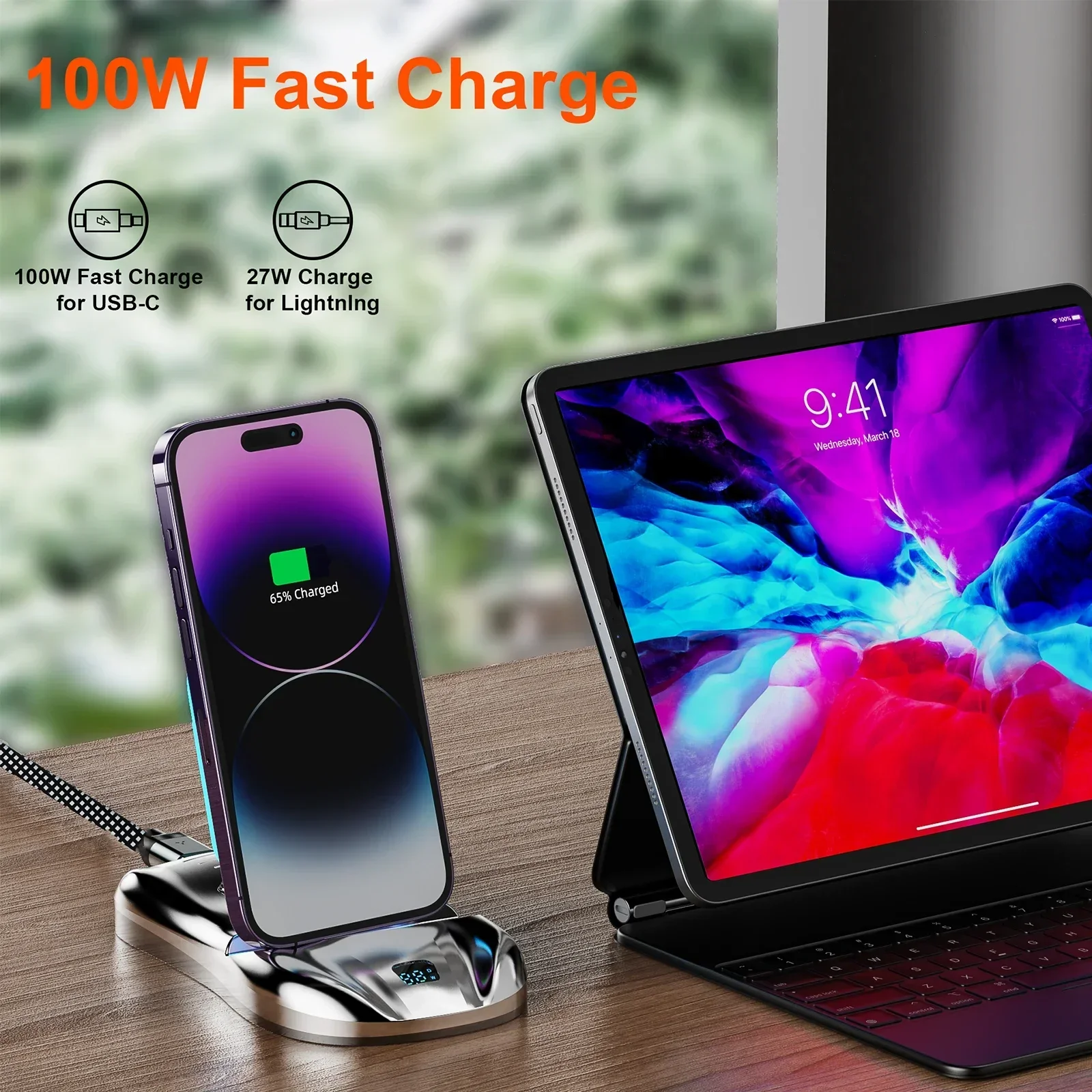 3 in 1 Magnetic Charging Stand 100W Fast Charger Phone Stand with USB-C Lightning Magnetic Charging Cable for iPhone 15/14/13
3 in 1 Magnetic Charging Stand 100W Fast Charger Phone Stand with USB-C Lightning Magnetic Charging Cable for iPhone 15/14/13