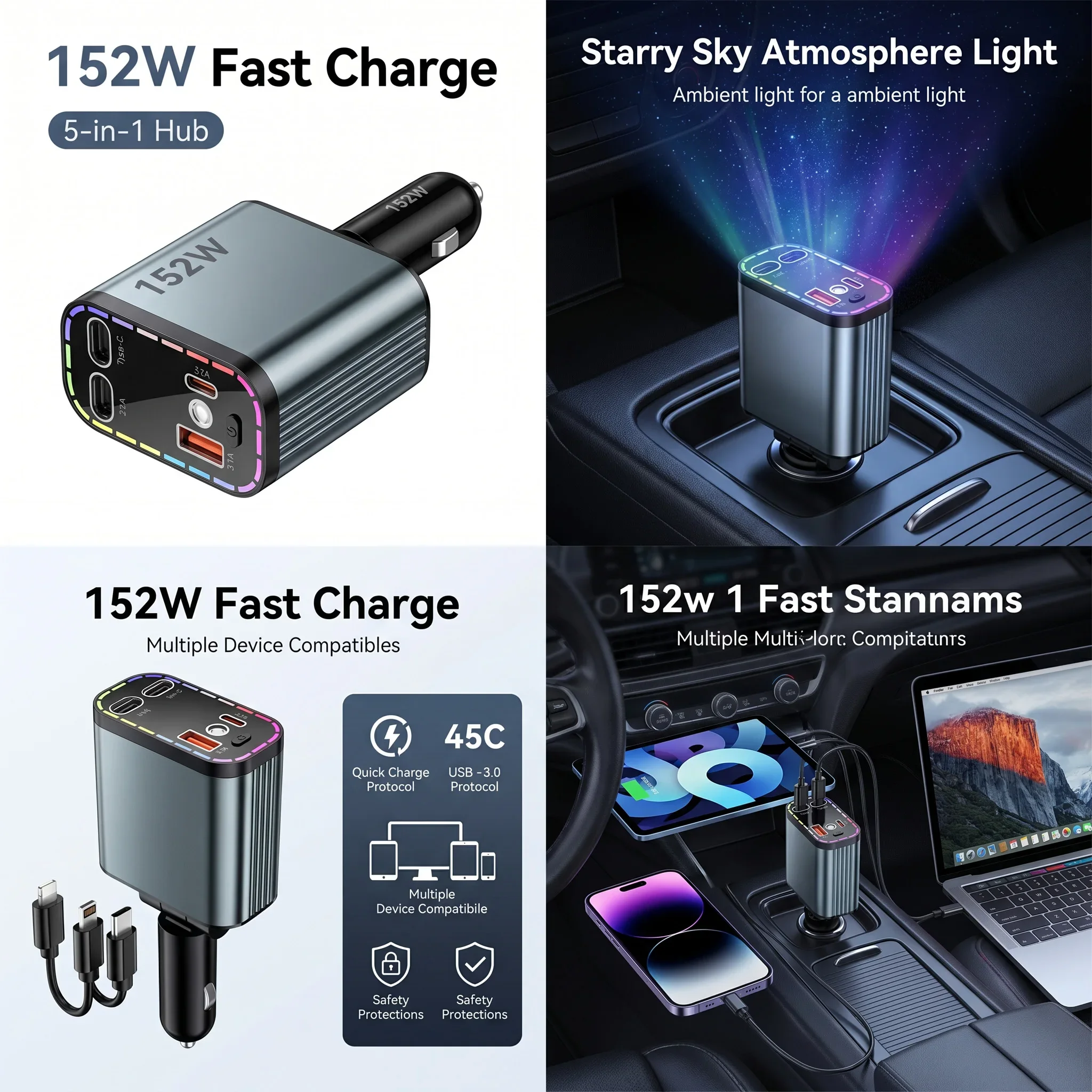 5-in-1 Retractable Car Charger, 152W Fast Charge Type-C, Premium Auto Interior Ambience LED Light Accessories
5-in-1 Retractable Car Charger, 152W Fast Charge Type-C, Premium Auto Interior Ambience LED Light Accessories