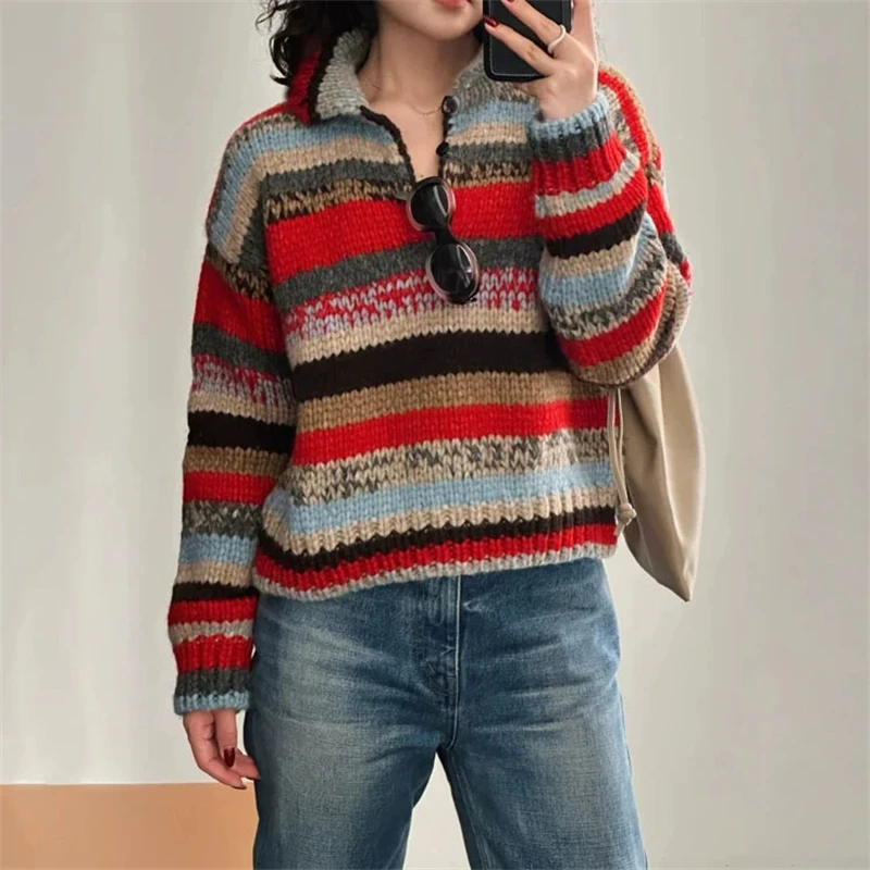 High-quality autumn new wool blend retro color-blocked striped collar knit sweater for women fashionable casual rainbow pullover
High-quality autumn new wool blend retro color-blocked striped collar knit sweater for women fashionable casual rainbow pullover