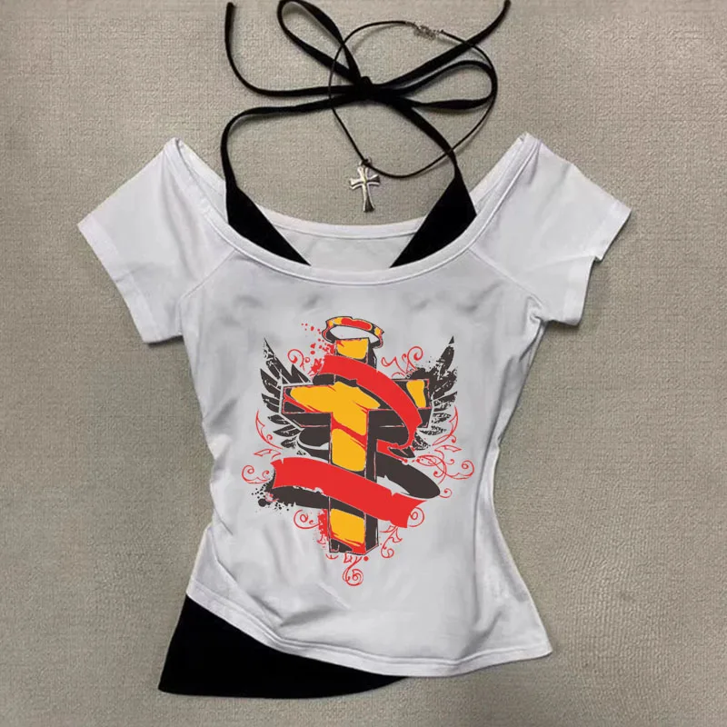 Y2k Retro fashion aesthetics women summer Fake two items sexy slim Short sleeve t-shirt crop top gothic Harajuku streetwear tee
Y2k Retro fashion aesthetics women summer Fake two items sexy slim Short sleeve t-shirt crop top gothic Harajuku streetwear tee