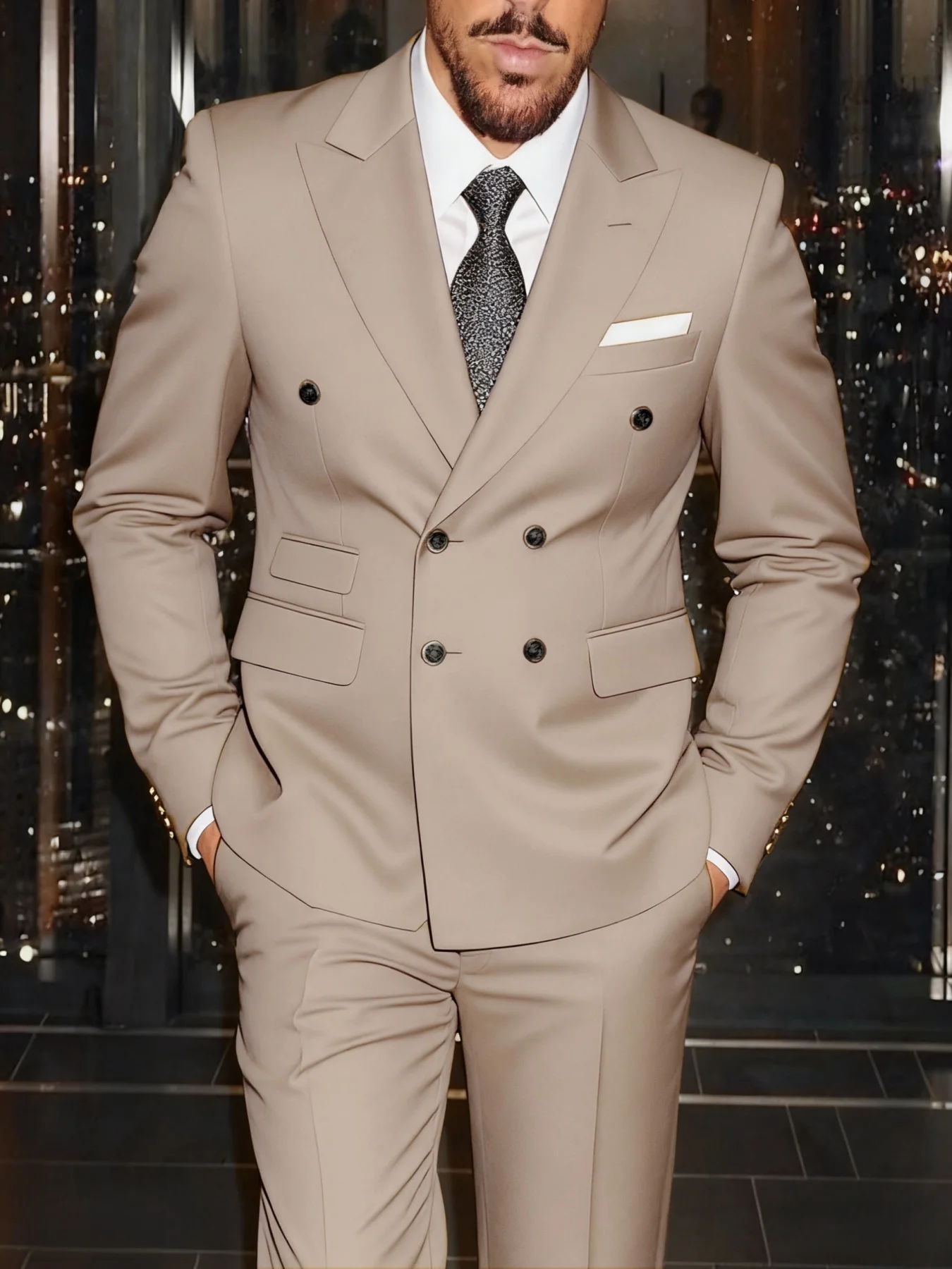 Men's 2 Pcs Classic Double Breasted Peak Lapel Suit Set Jacket Pants for Prestigious Alumni Gala
Men's 2 Pcs Classic Double Breasted Peak Lapel Suit Set Jacket Pants for Prestigious Alumni Gala