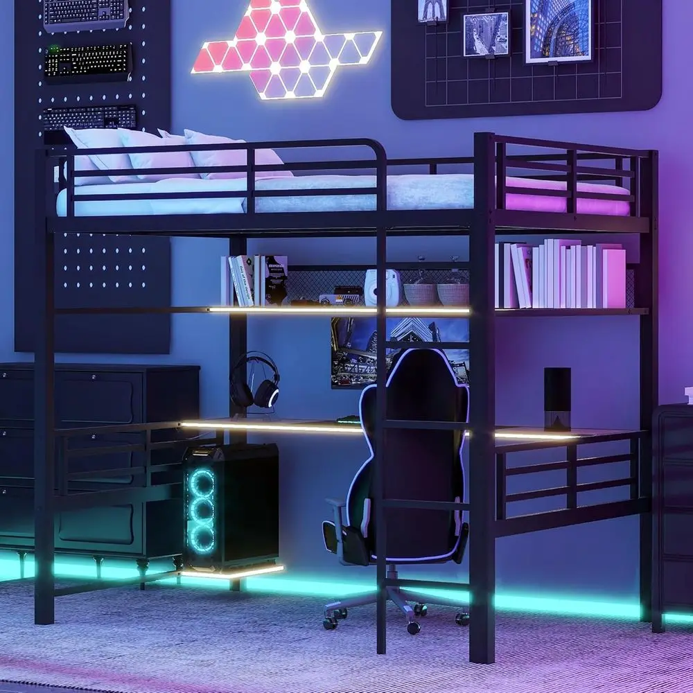 Full Size Metal Bunk Bed with Desk, Storage Shelves, LED Lights, Suitable for Adults, Kids, and Teens, Black
Full Size Metal Bunk Bed with Desk, Storage Shelves, LED Lights, Suitable for Adults, Kids, and Teens, Black