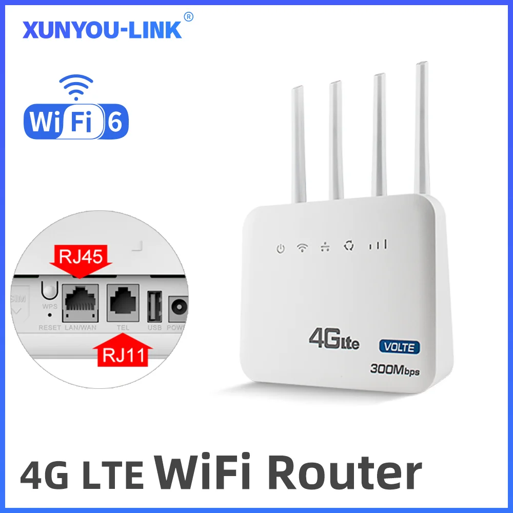 4G LTE WiFi Router WiFi 6 Modem 300Mbps 2.4 G With Wired Telephone Interface SIM Card Slot for Europe Africa Asia South Americ
4G LTE WiFi Router WiFi 6 Modem 300Mbps 2.4 G With Wired Telephone Interface SIM Card Slot for Europe Africa Asia South Americ