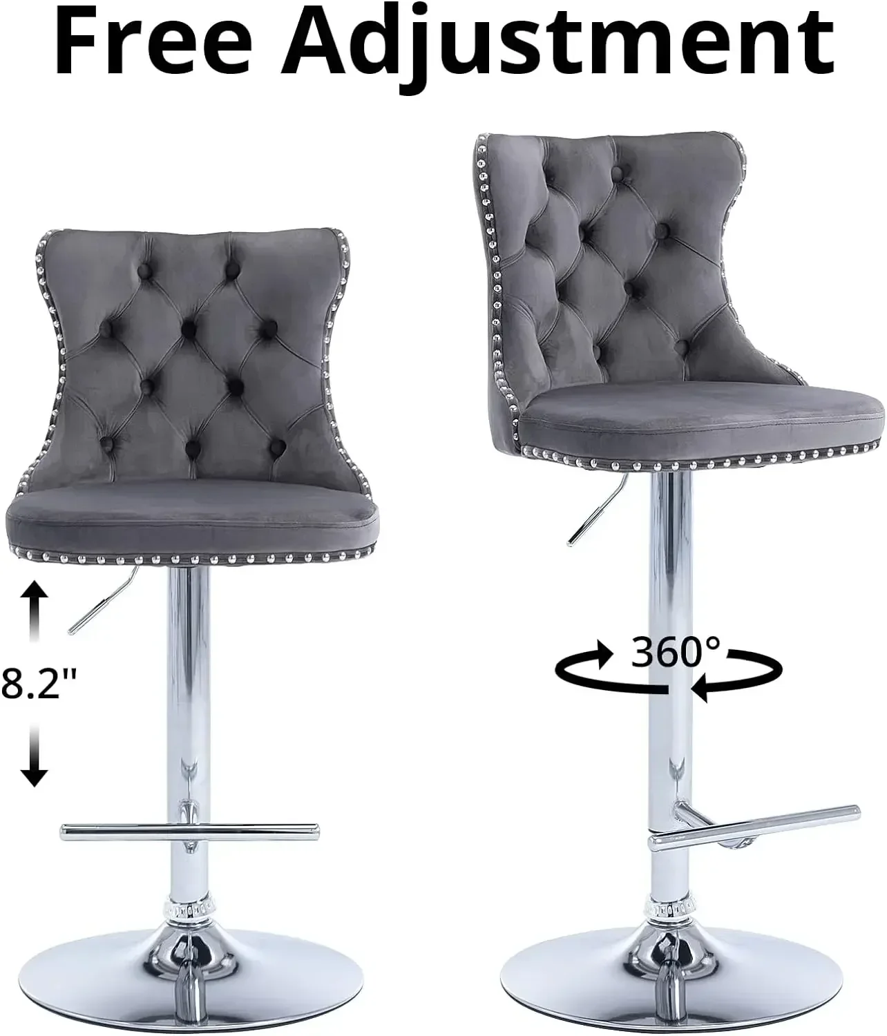 A Set of 4, Adjustable Counter Height Barstools with Nailheads Trim, Button Tufted Back and Silver Footrest,Gray
A Set of 4, Adjustable Counter Height Barstools with Nailheads Trim, Button Tufted Back and Silver Footrest,Gray