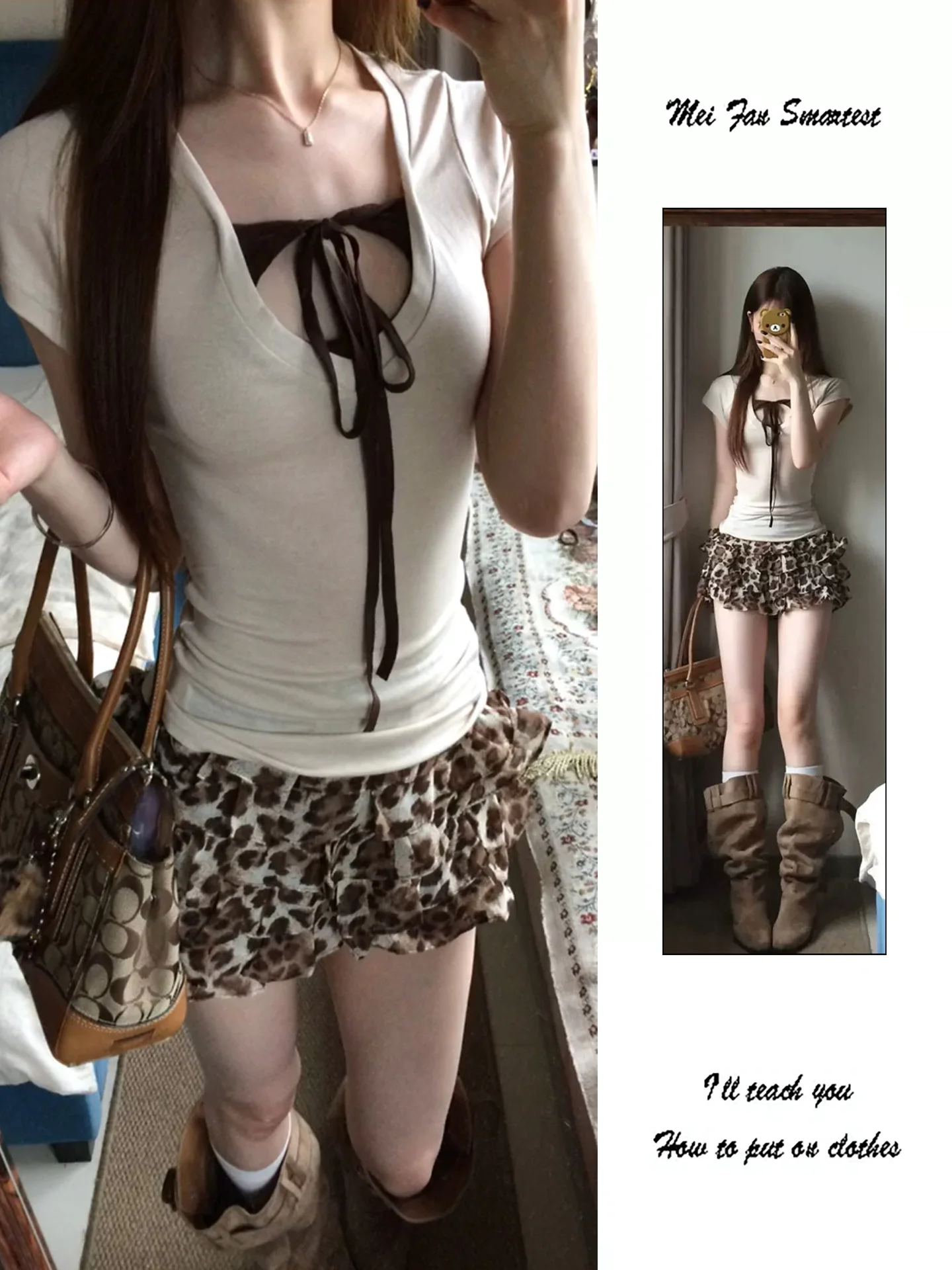 Korean Style Leopard Print Cake Skirt Short Sleeve V-Neck T-Shirt Women's Summer Vintage Design Half-length Skirt Two-piece Set
Korean Style Leopard Print Cake Skirt Short Sleeve V-Neck T-Shirt Women's Summer Vintage Design Half-length Skirt Two-piece Set