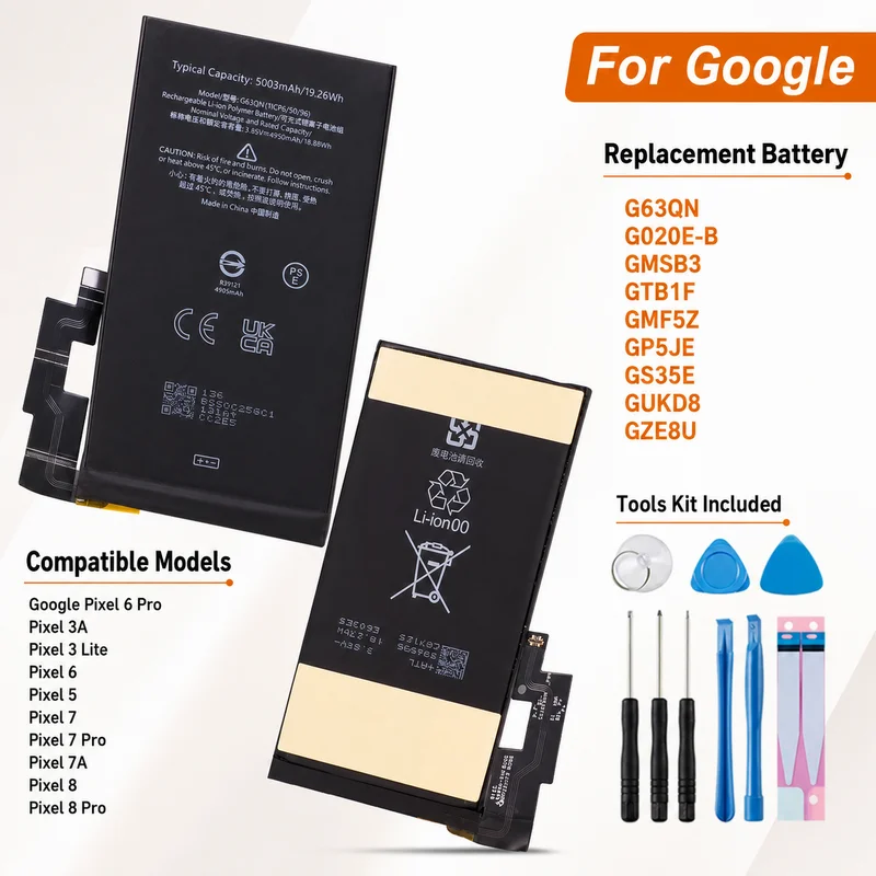 Premium Replacement Phone Battery G63QN GUKD8 GP5JE GMF5Z G020E-B GTB1F For Google Pixel 6 Pro 3A 7 Pro 7A 8 Pro Repair Part
Premium Replacement Phone Battery G63QN GUKD8 GP5JE GMF5Z G020E-B GTB1F For Google Pixel 6 Pro 3A 7 Pro 7A 8 Pro Repair Part